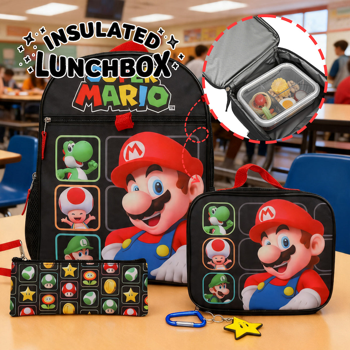 Super Mario Bros Character Grid 16 inch Youth 5-Piece Backpack Set