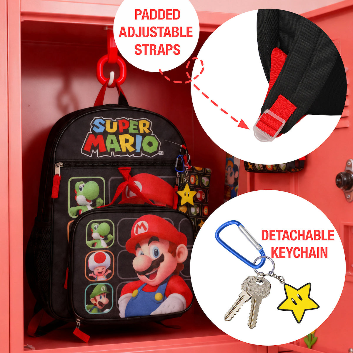 Super Mario Bros Character Grid 16 inch Youth 5-Piece Backpack Set