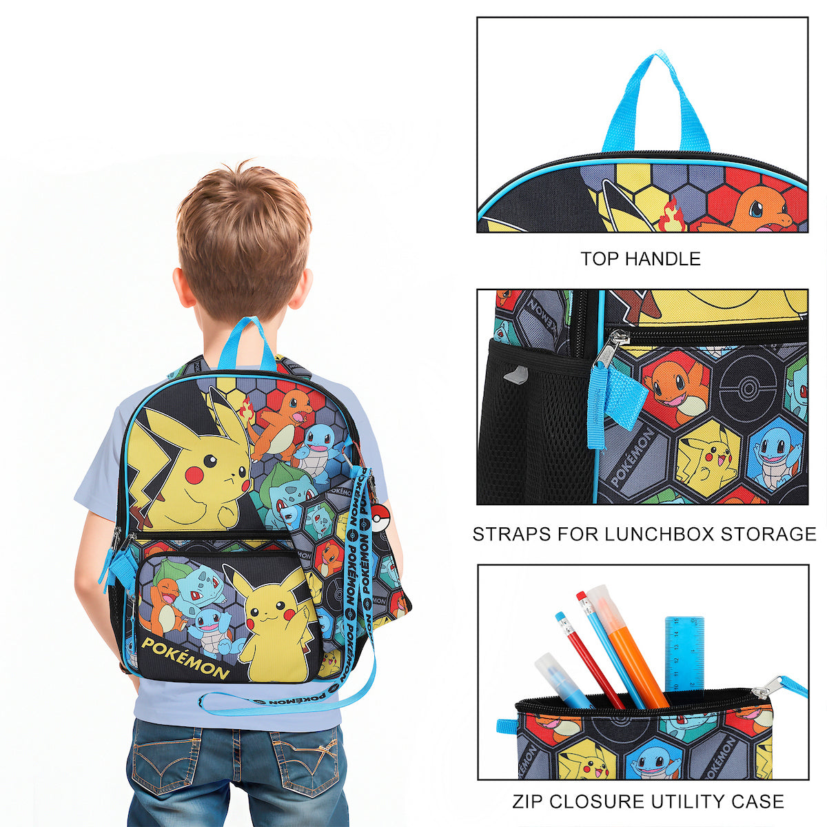 Pokemon Favorites 5-Piece 16” Backpack And Lunch Set For School & Travel