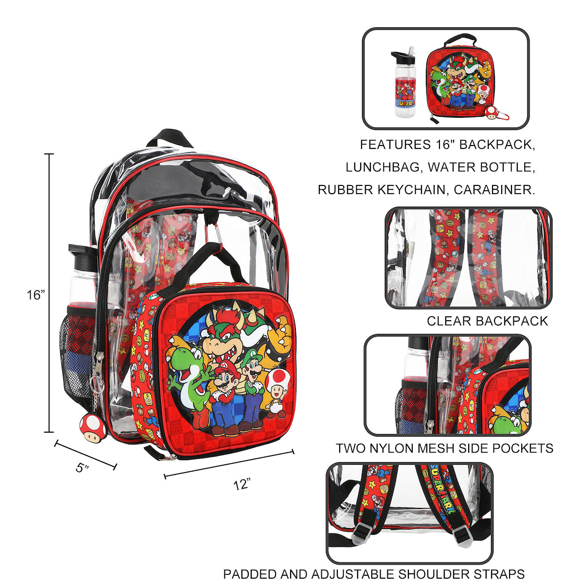 Super Mario Brothers 5-Piece Backpack & Lunchbox Set With Water Bottle