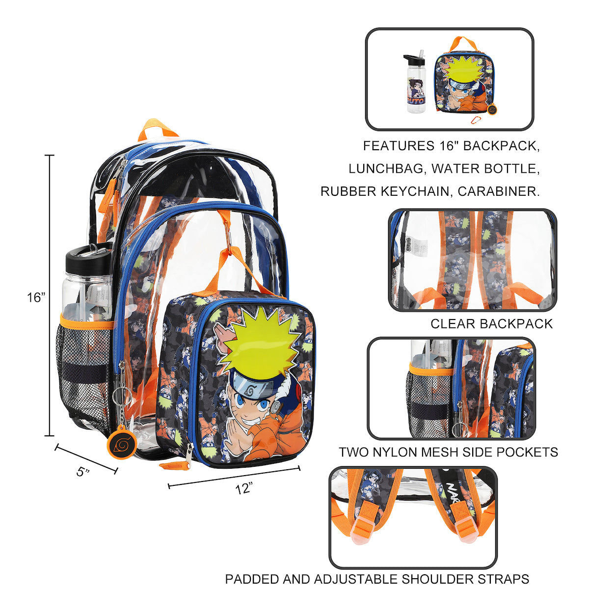 Naruto 5-Piece Backpack & Lunchbox Set With Water Bottle