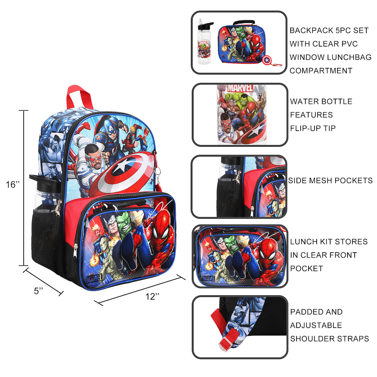 Marvel Multiverse 5-Piece 16" Backpack & Lunchbox Set With Water Bottle
