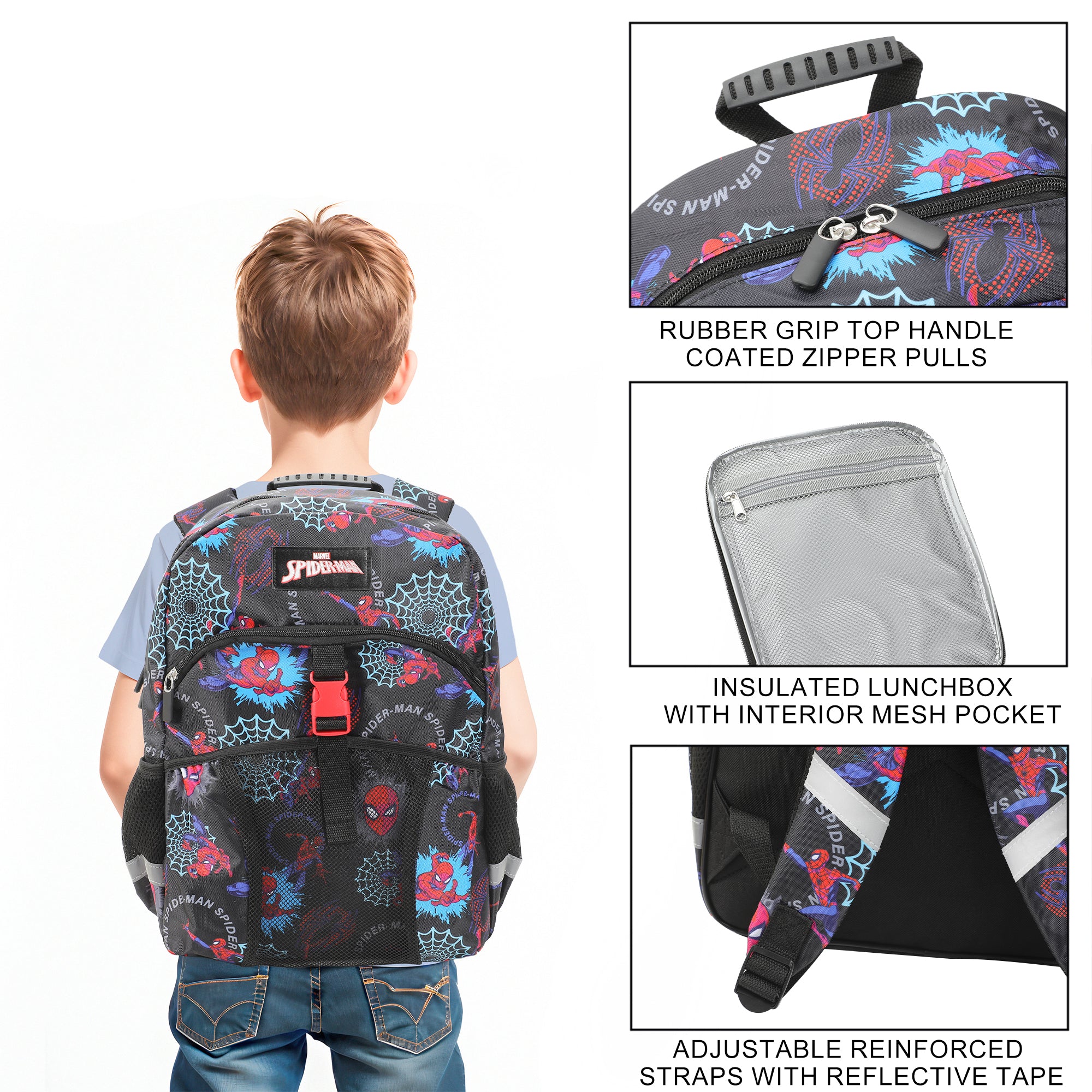 Spider-Man Superhero & Webs 16" Premium Backpack & Lunch Kit Set for Boys