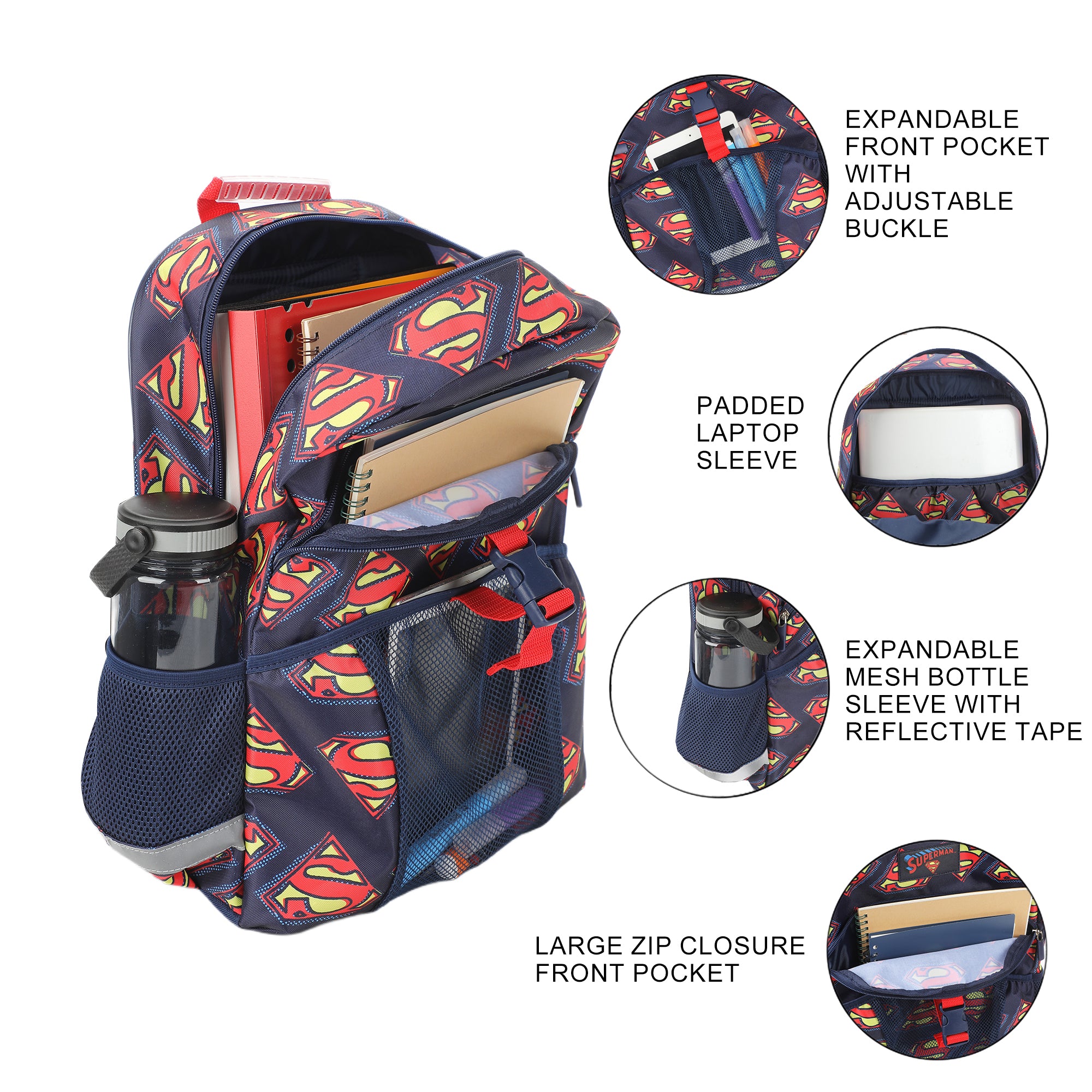 Superman Logo All-Over Print 16" Premium Backpack & Lunch Kit Set
