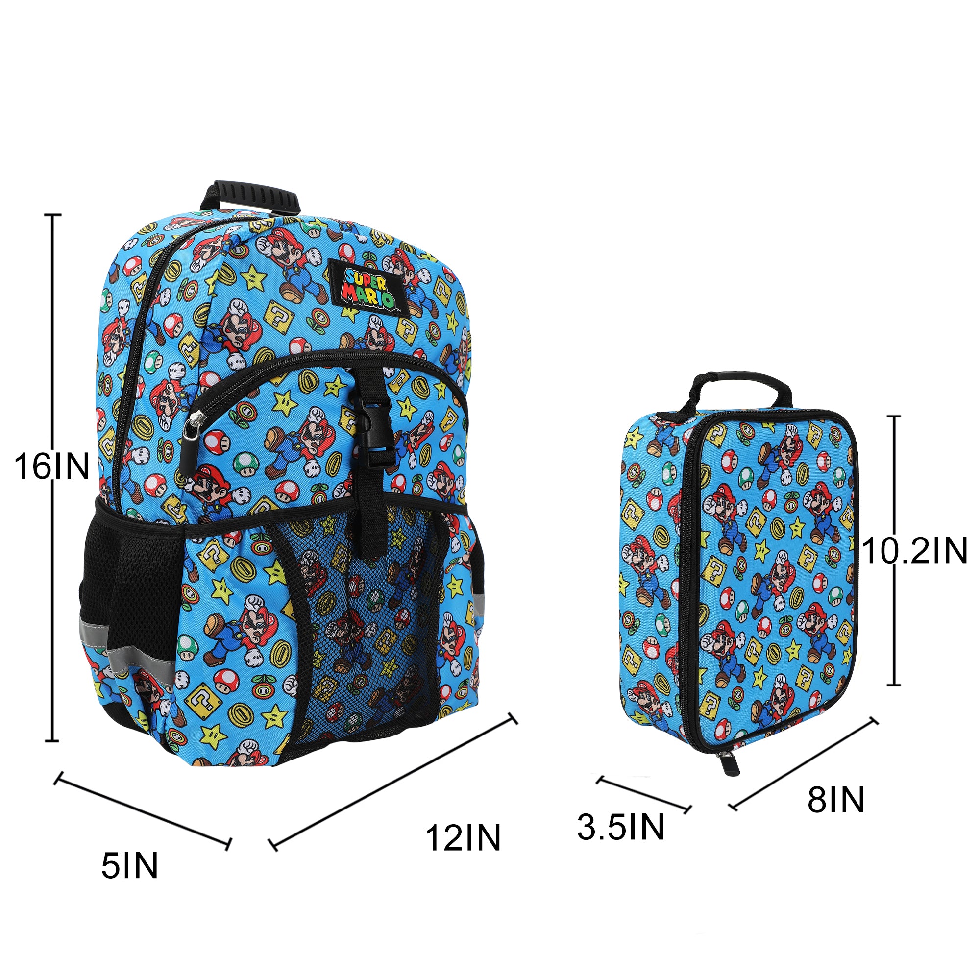 Super Mario Brothers 2-Piece 16" Premium Backpack & Lunch Kit Set for Boys