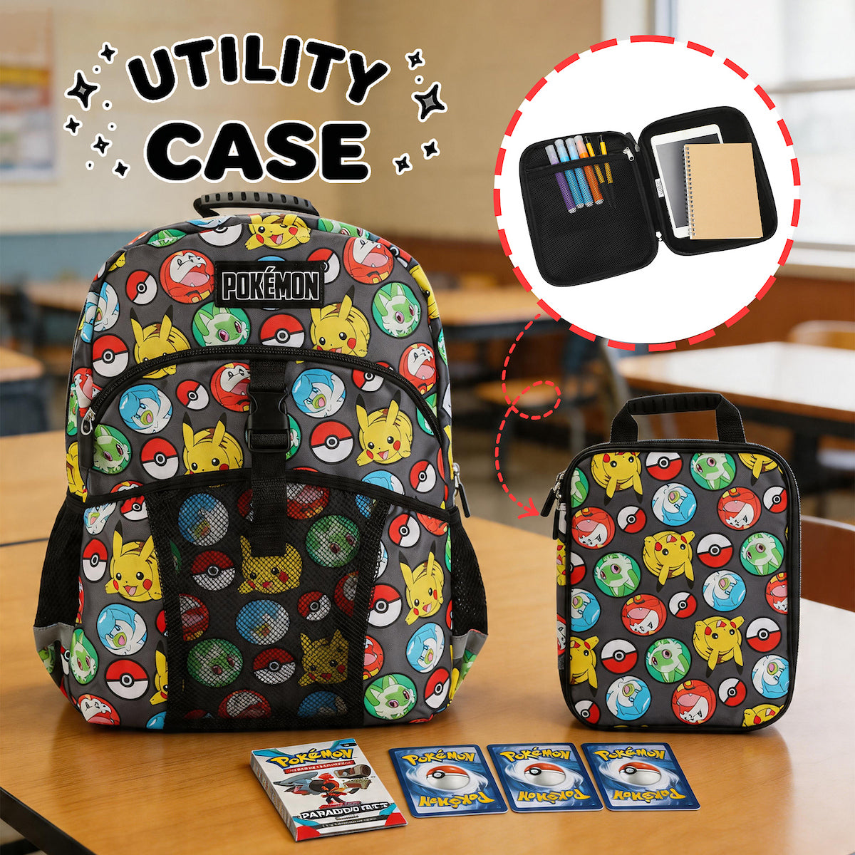 Pokemon All-Over Print 2-Piece 16" Premium Backpack & Utility Case Set For School And Travel for boys
