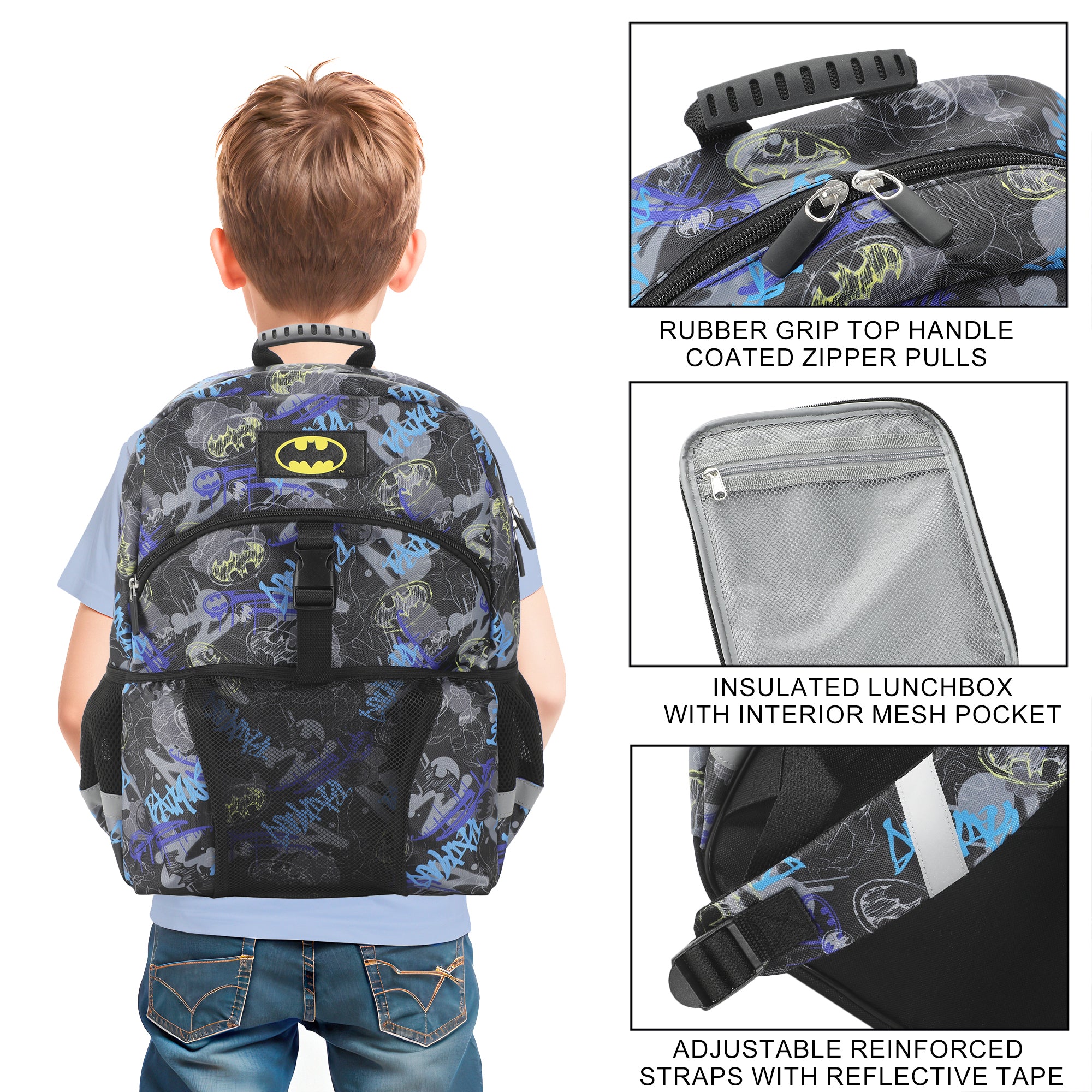 Batman 2-Piece 16" Premium Backpack & Lunch Kit Set for boys