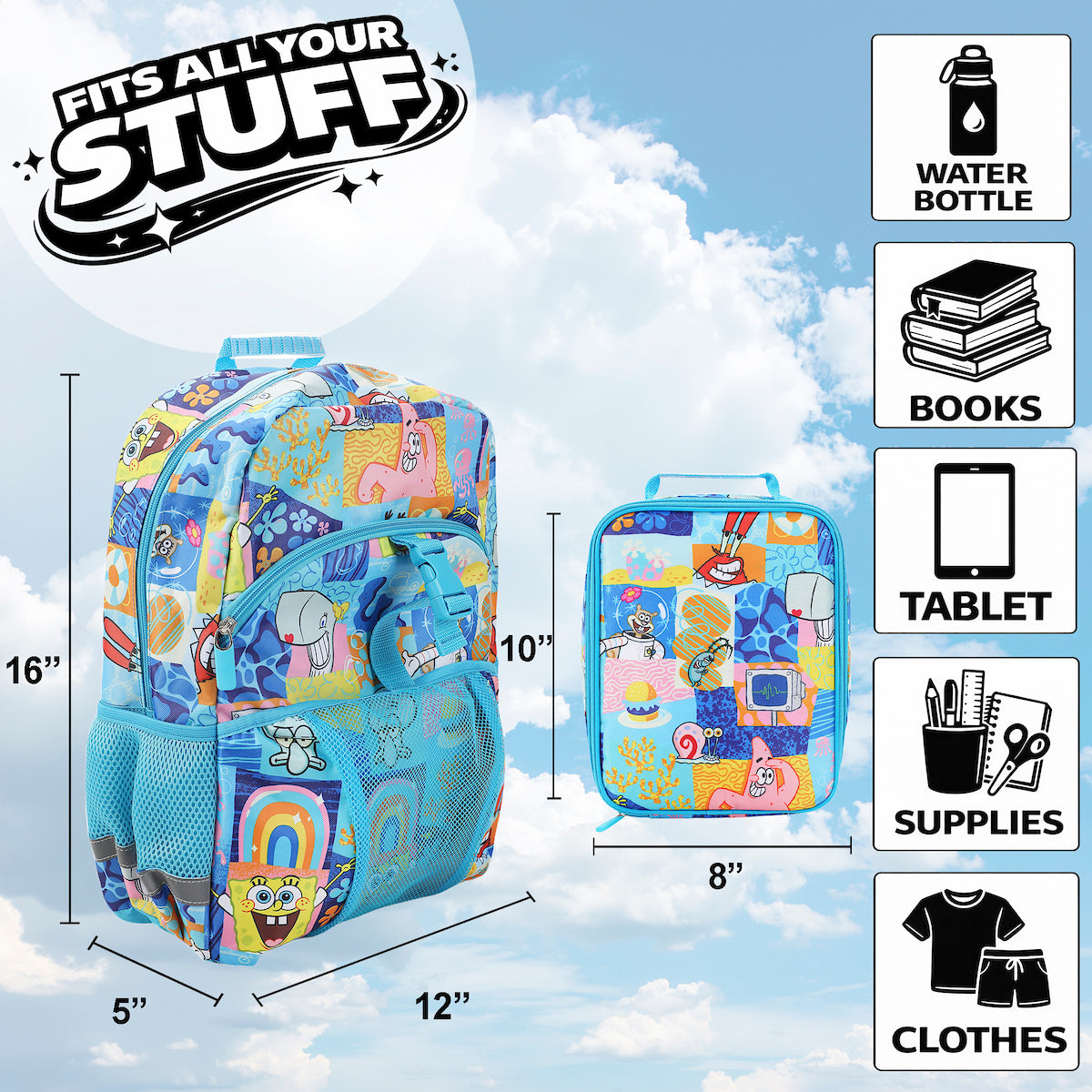 SpongeBob SquarePants 2-Piece 16" Premium Backpack & Lunch Kit Set for boys