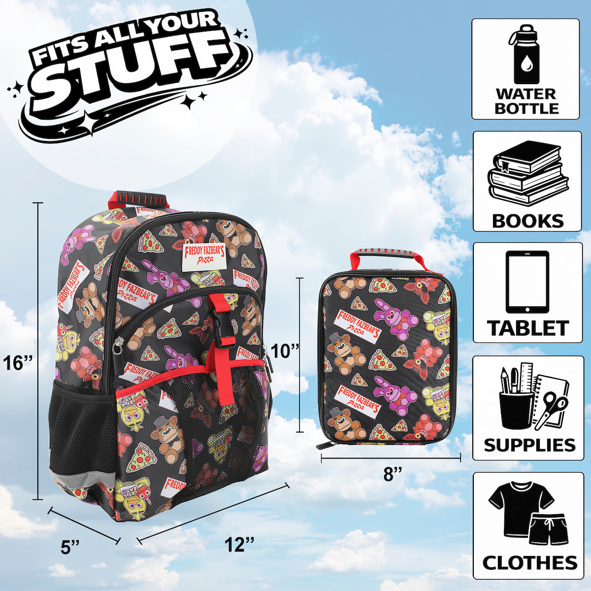 Five Nights at Freddy's 2-Piece 16" Youth Premium Backpack & Lunch Kit Set For School Boys And Girls
