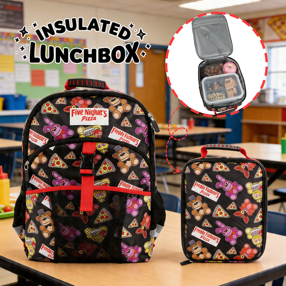 Five Nights at Freddy's 2-Piece 16" Youth Premium Backpack & Lunch Kit Set For School Boys And Girls