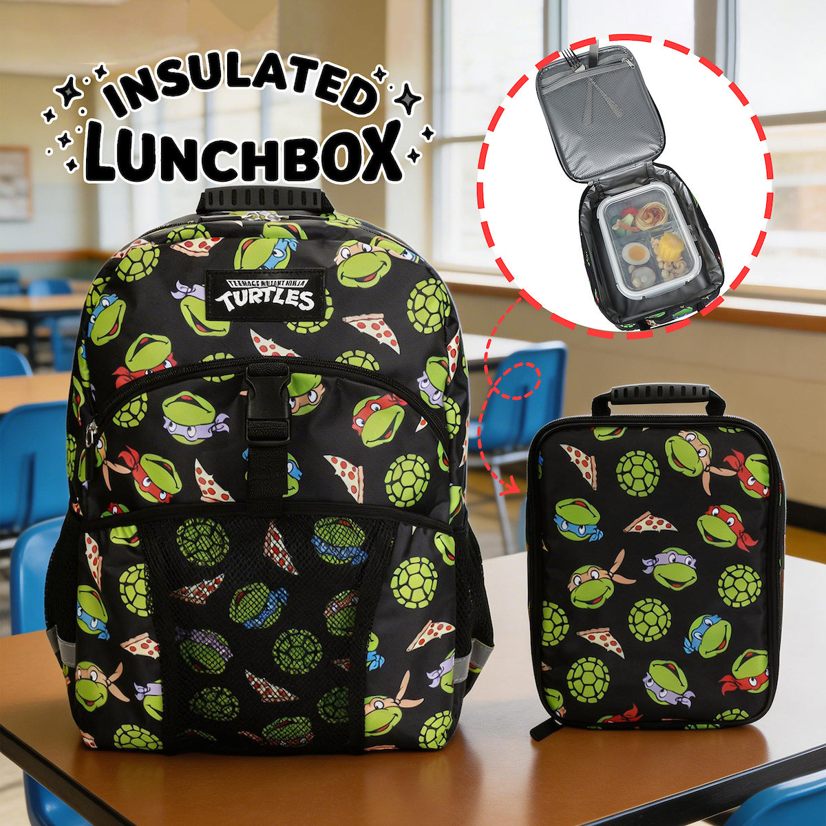 TMNT Classic Retro Cartoon 2-Piece 16" Kids Backpack & Lunch Box Set For School And Travel