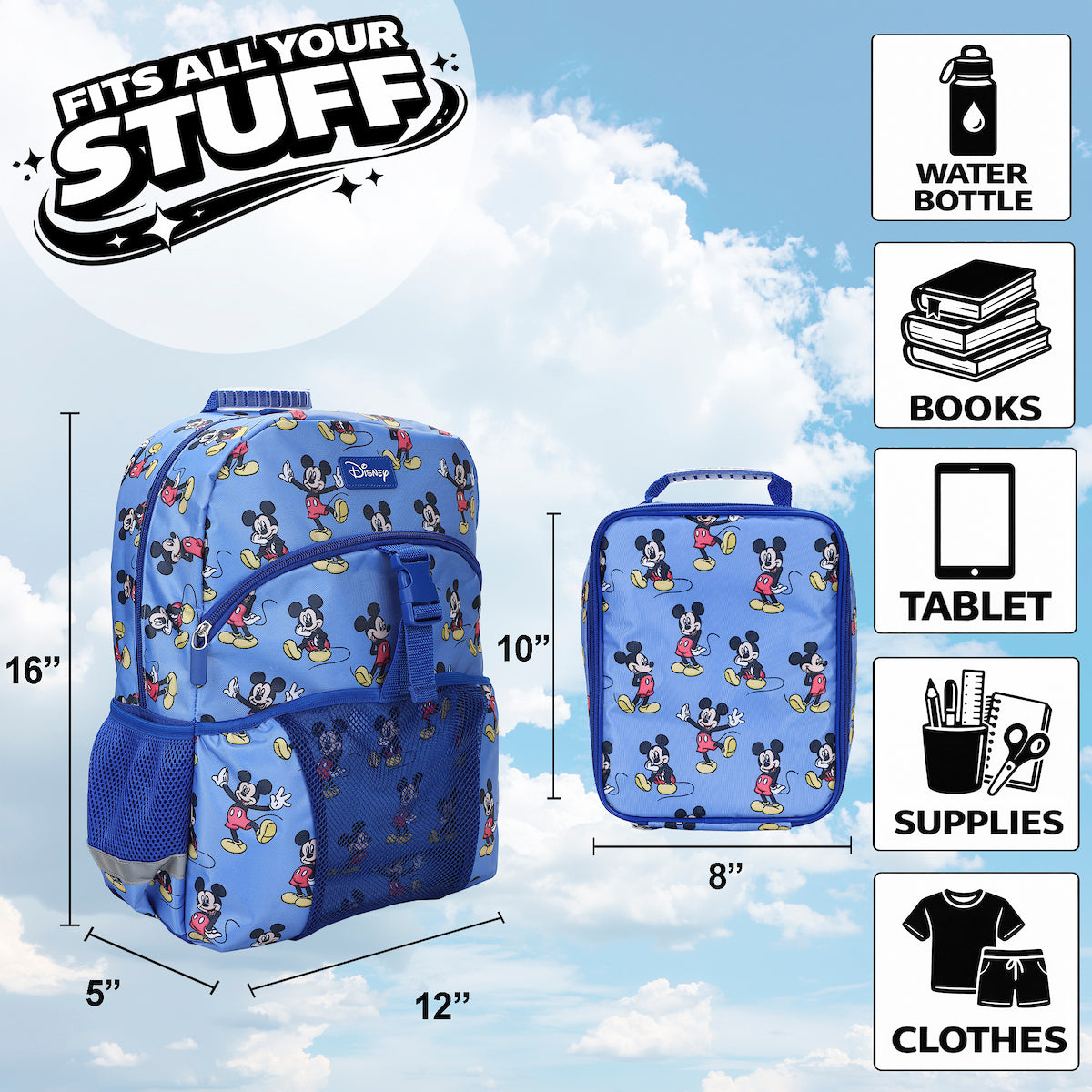 Mickey Mouse Classic 2-Piece 16" Kids Backpack & Lunch Box Set For School And Travel
