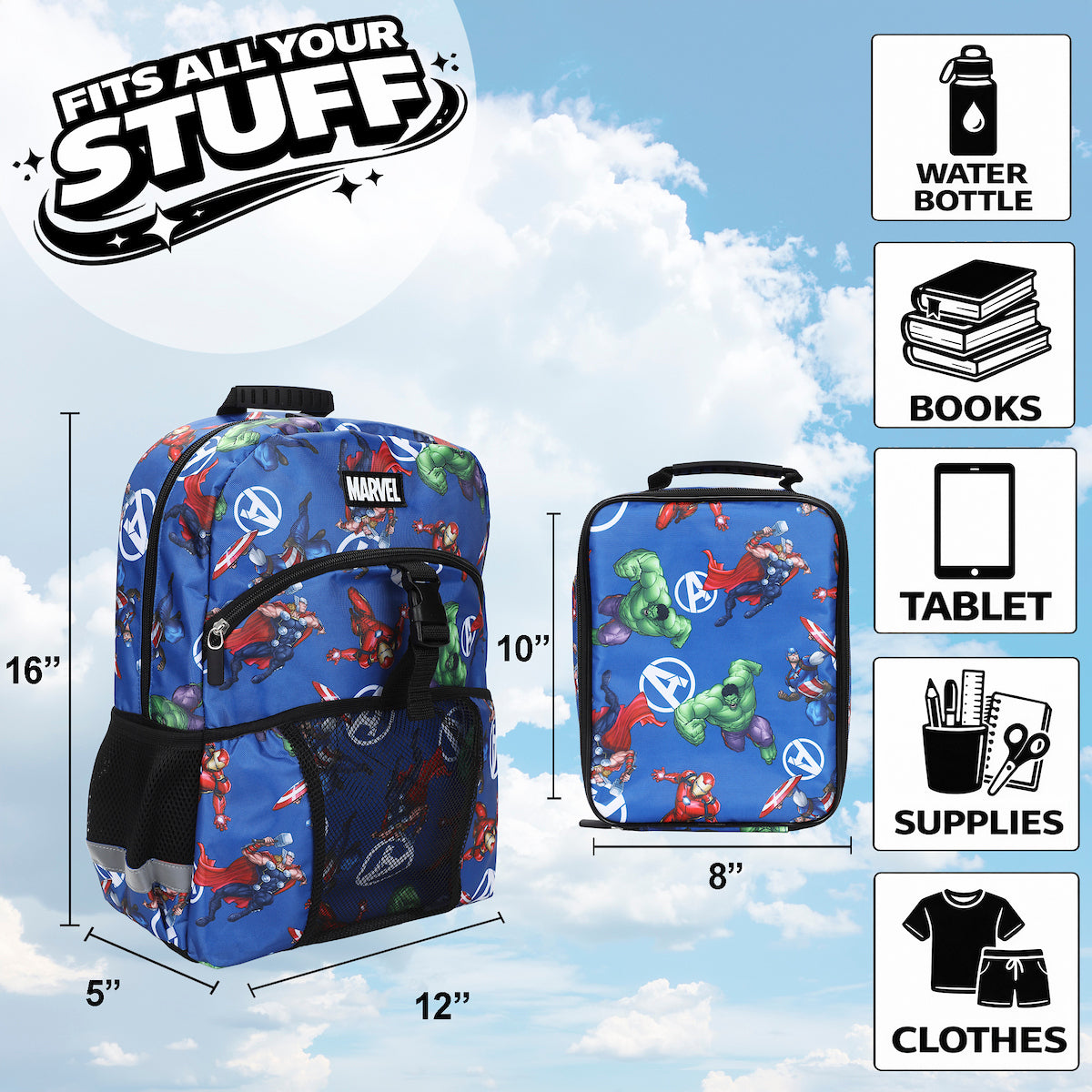 Marvel's Avengers Classic 2-Piece 16" Kids Backpack & Lunch Box Set For School And Travel