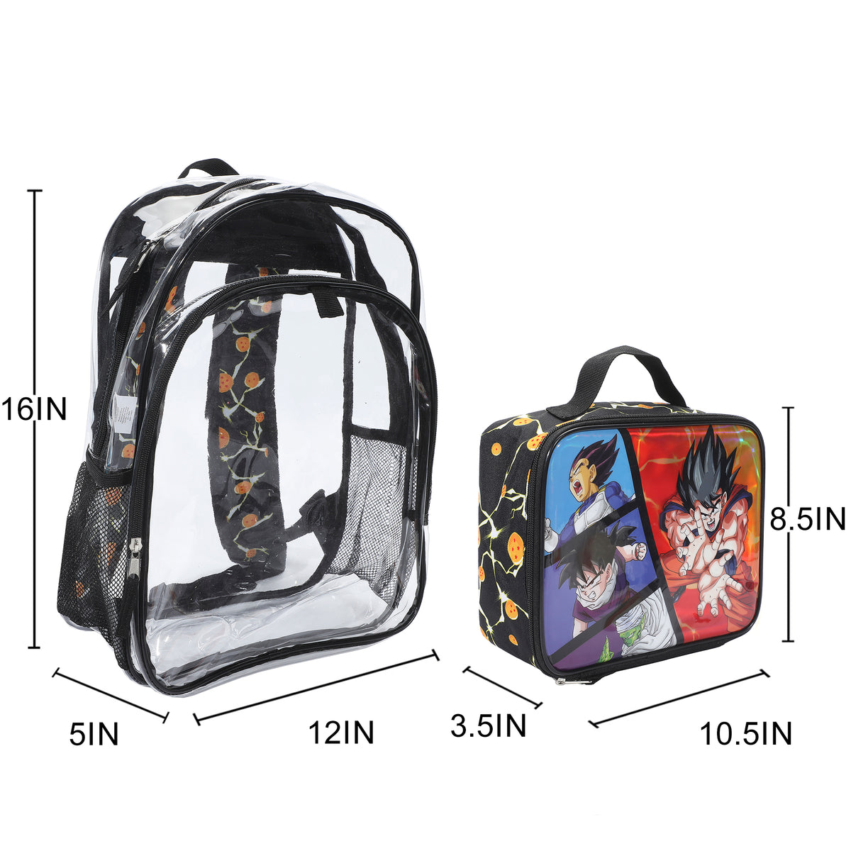 Dragon Ball Z Goku 2-Piece 16" Kids Clear Backpack & Lunch Box Set For School And Travel