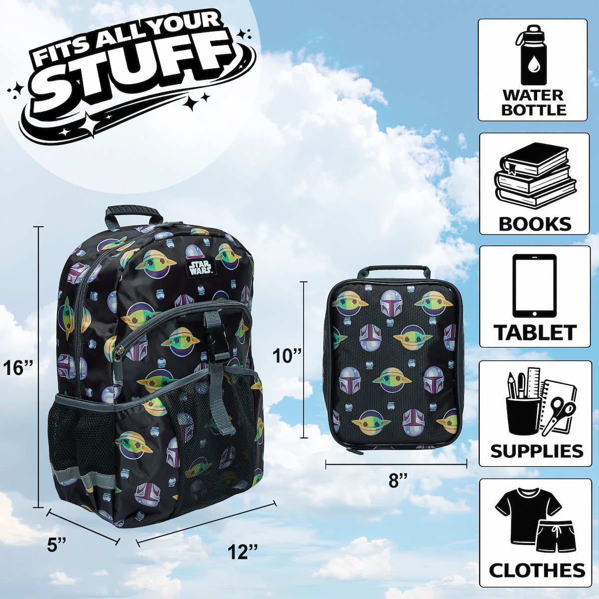 The Mandalorian and Grogu 2-Piece 16" Kids Backpack & Lunch Box Set For School And Travel