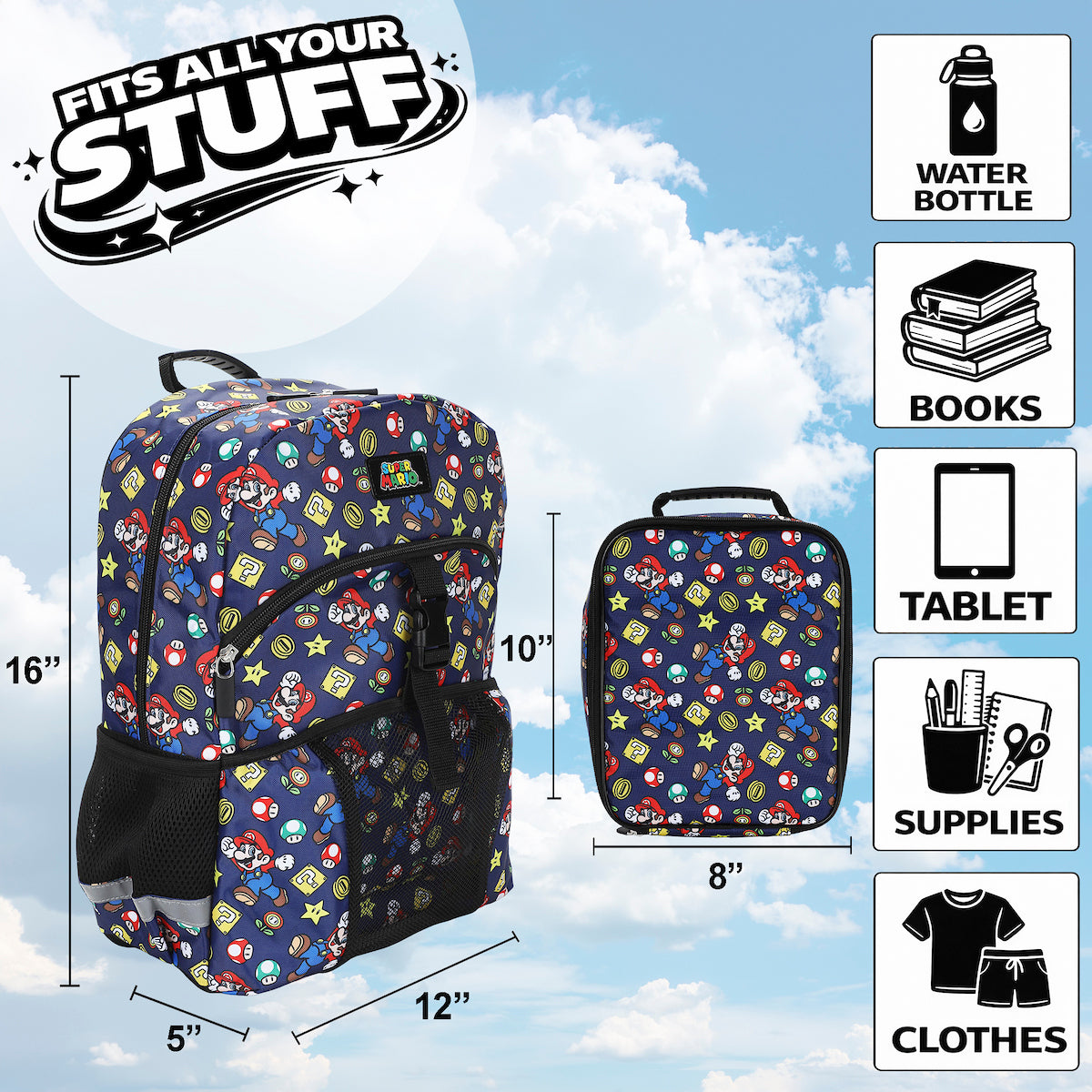 Super Mario Bros. All-Over Print 2-Piece 16" Kids Backpack & Lunch Box Set For School And Travel