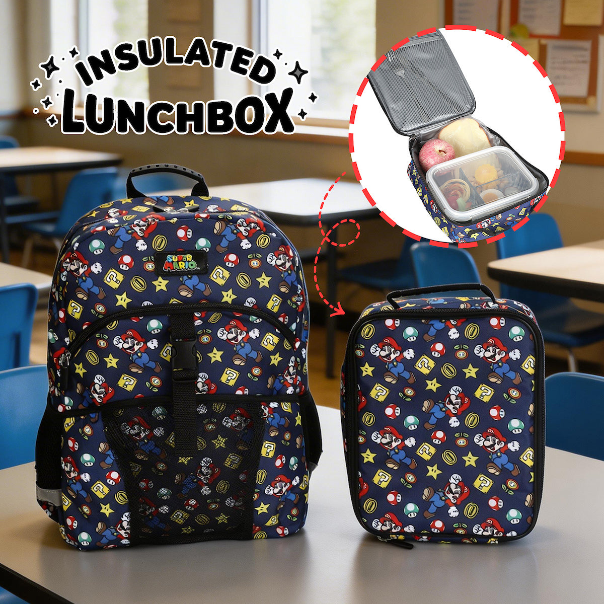 Super Mario Bros. All-Over Print 2-Piece 16" Kids Backpack & Lunch Box Set For School And Travel