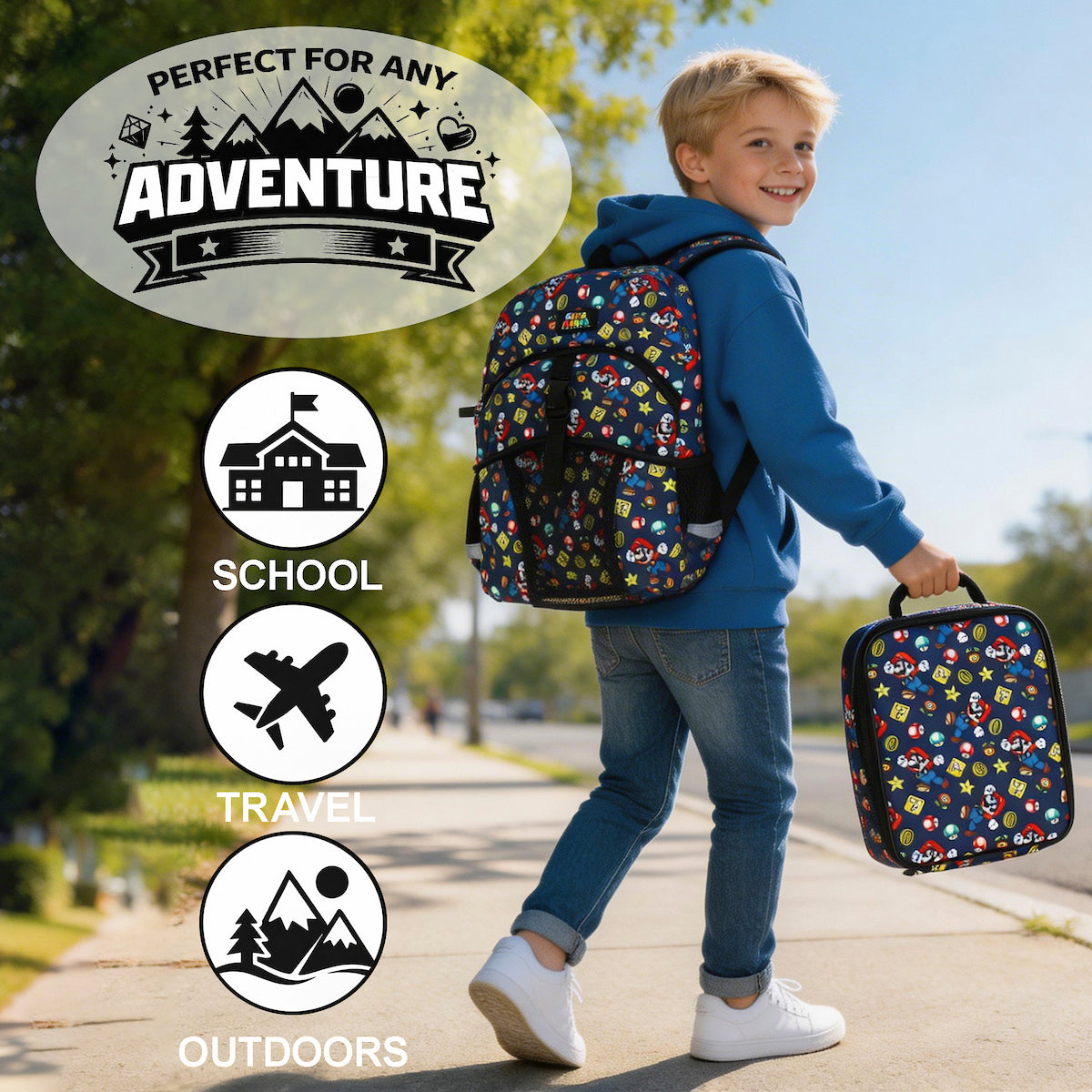 Super Mario Bros. All-Over Print 2-Piece 16" Kids Backpack & Lunch Box Set For School And Travel
