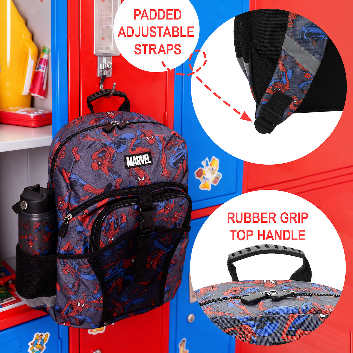 Spider-Man Classic All-Over Print Gray 16” Backpack With Lunchbox Set and Stainless Steel Water Bottle