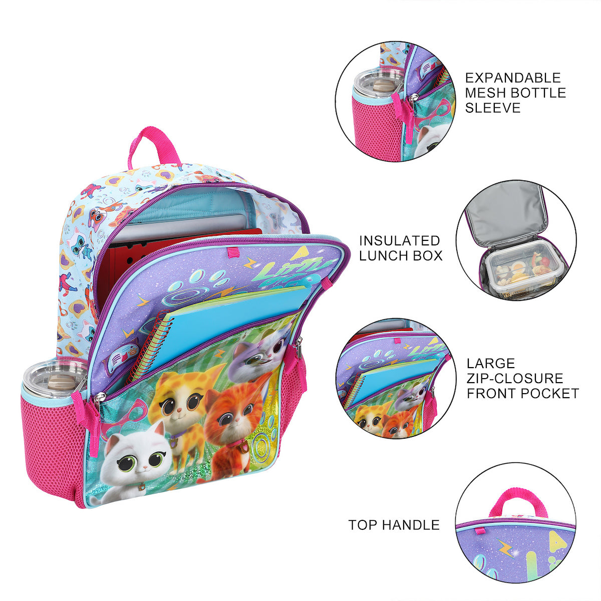 SuperKitties 5-Piece 16” Backpack And Lunch Set For School & Travel