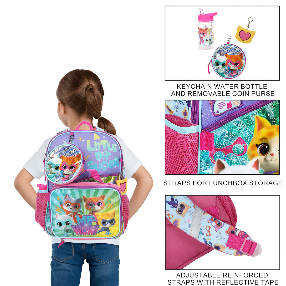 SuperKitties 5-Piece 16” Backpack And Lunch Set For School & Travel