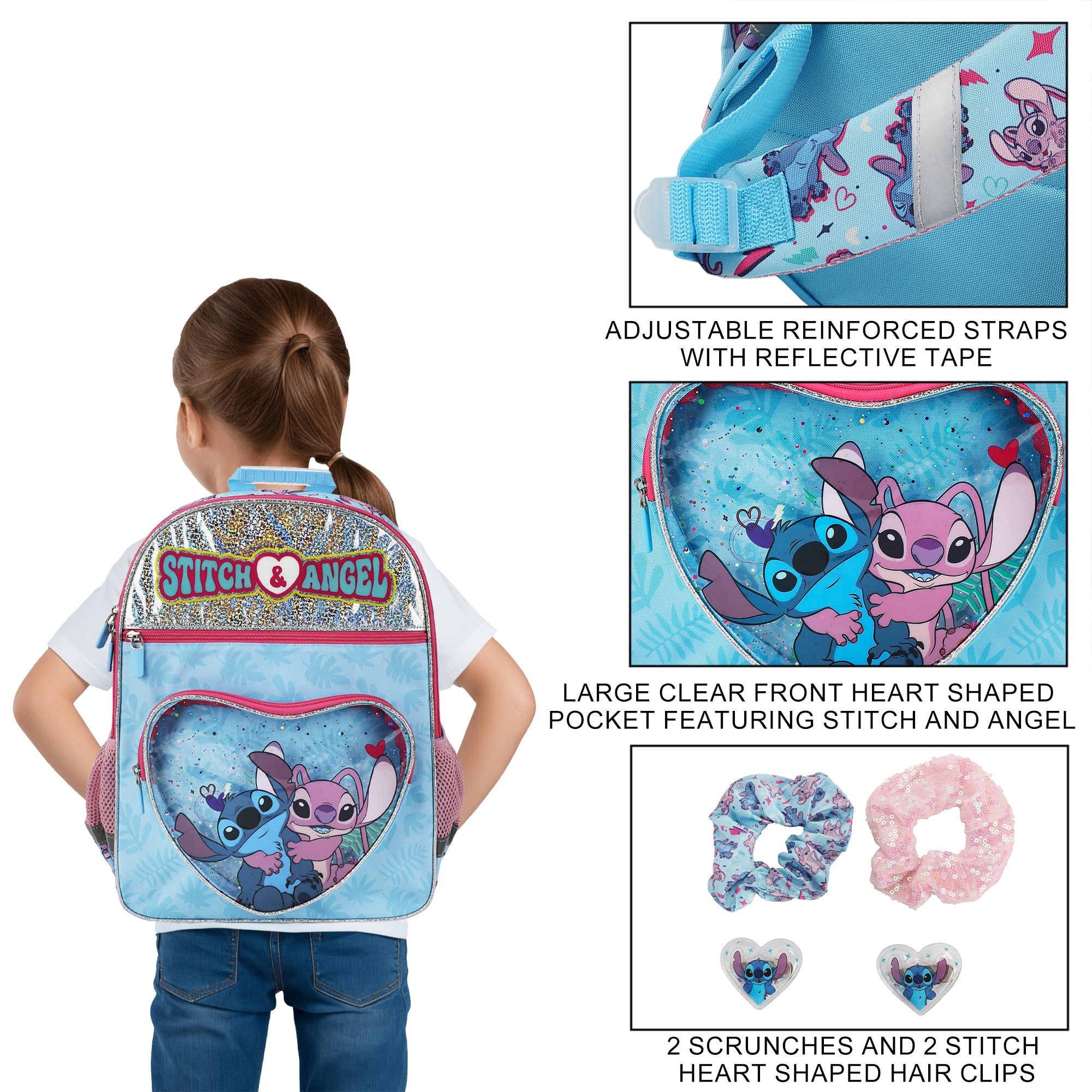 Disney's Stitch and Angel 5-Piece 16" Backpack & Hair Care Value Set