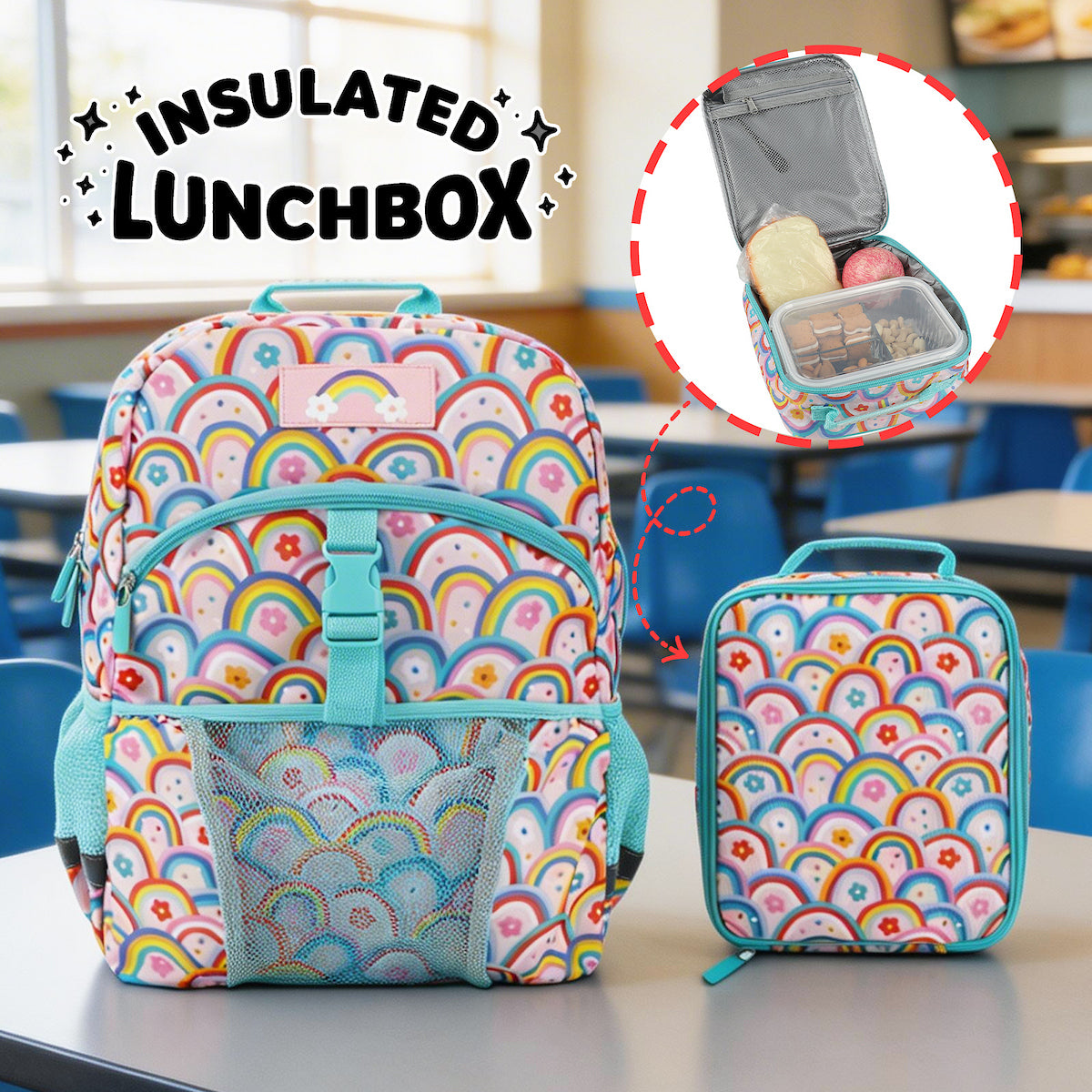 Colorful Rainbow Collage 2-Piece 16" Backpack & Lunch Kit Set for kids