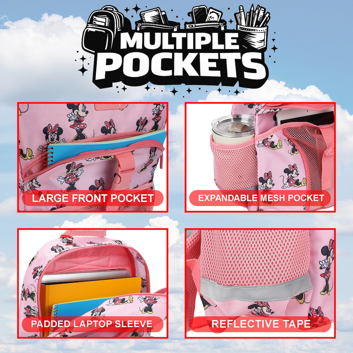 Minnie Mouse Classic 2-Piece 16" Kids Backpack & Lunch Box Set For School And Travel