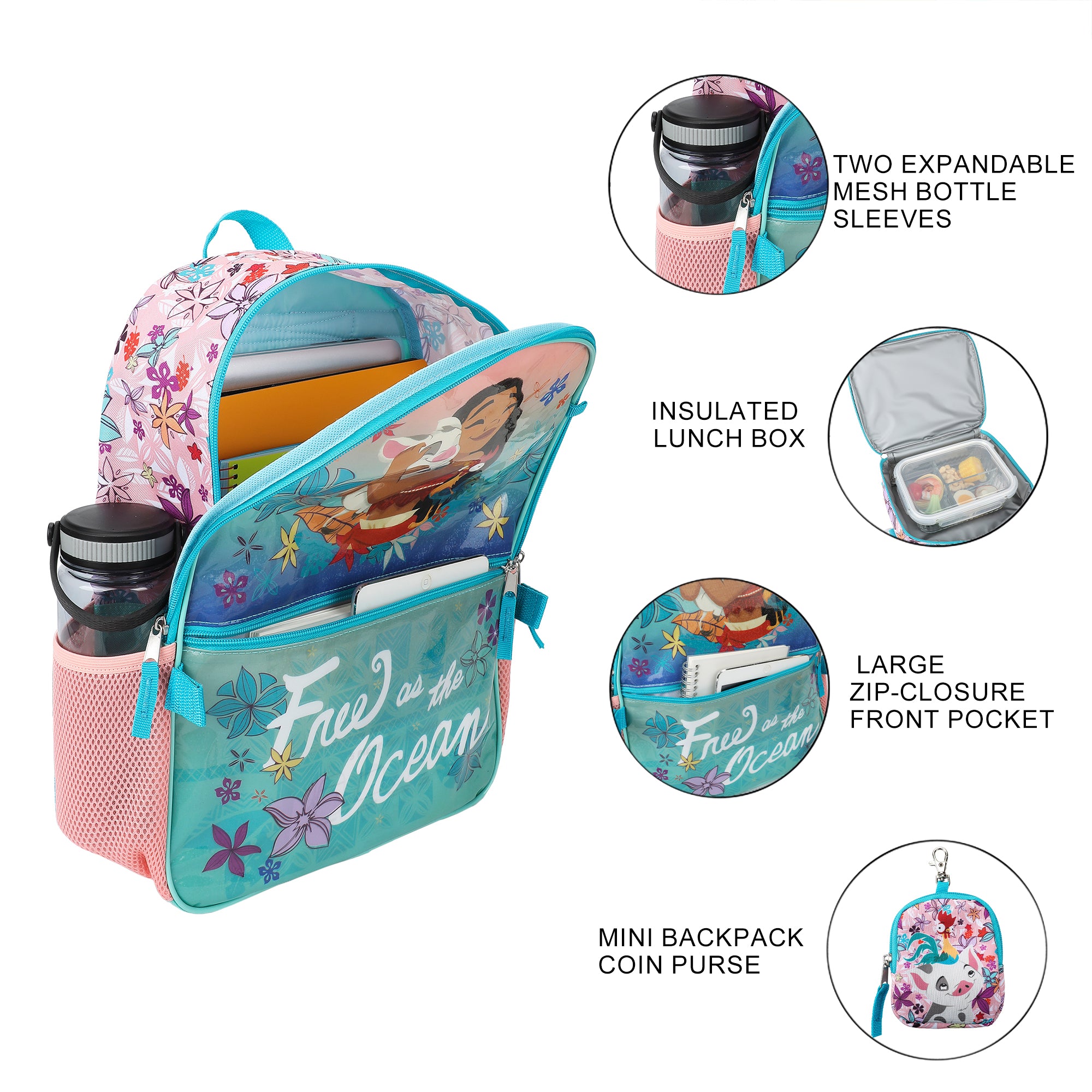 Moana And Her Friends Classic 5-Piece 16" Backpack And Lunch Set For School & Travel