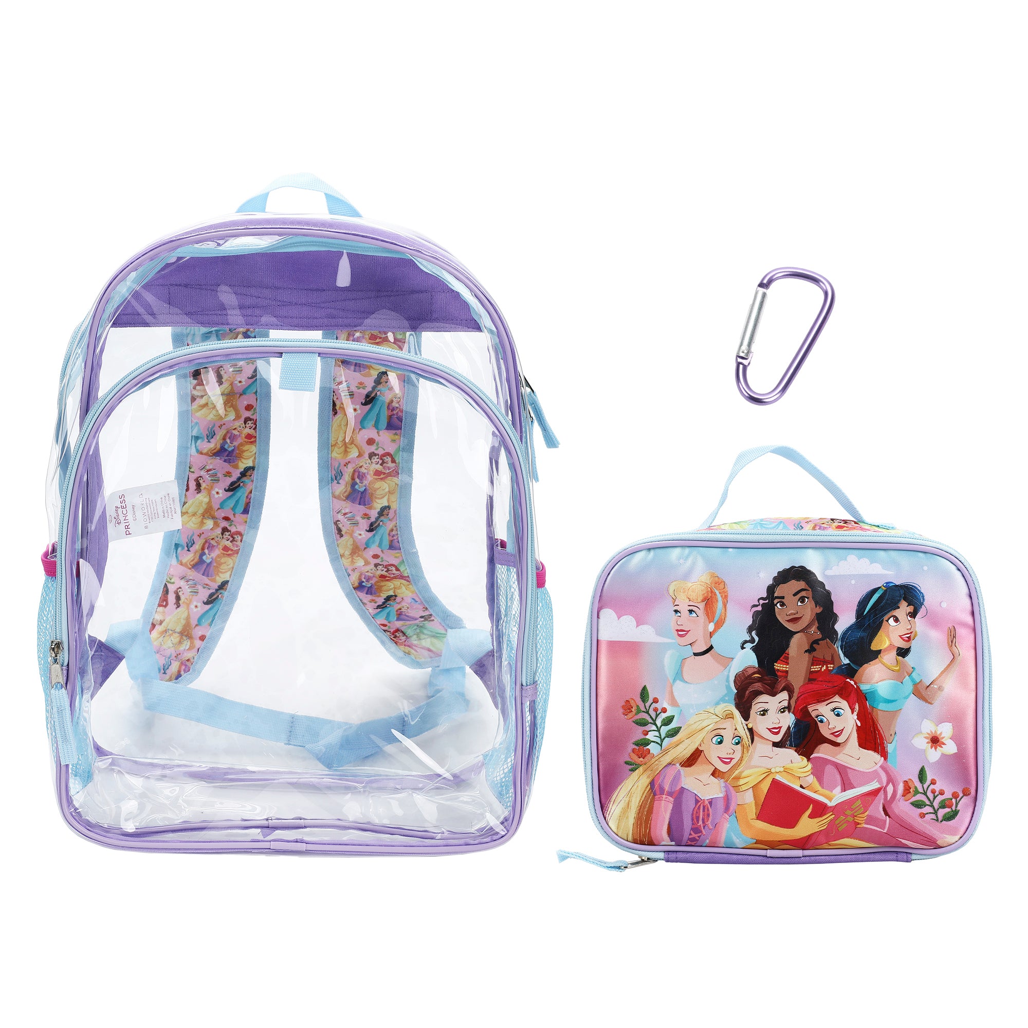 Disney Princesses 2-Piece 16" Kids Clear Backpack & Lunch Box Set For School And Travel