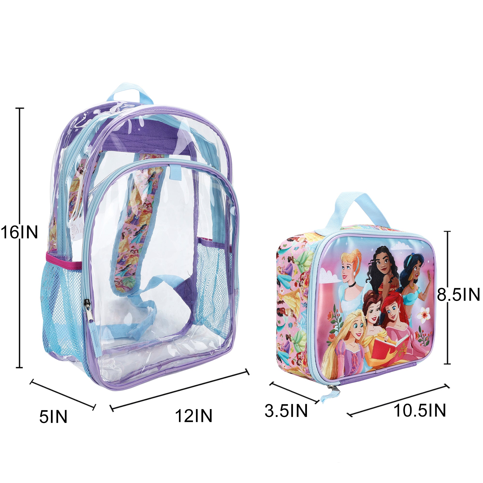 Disney Princesses 2-Piece 16" Kids Clear Backpack & Lunch Box Set For School And Travel