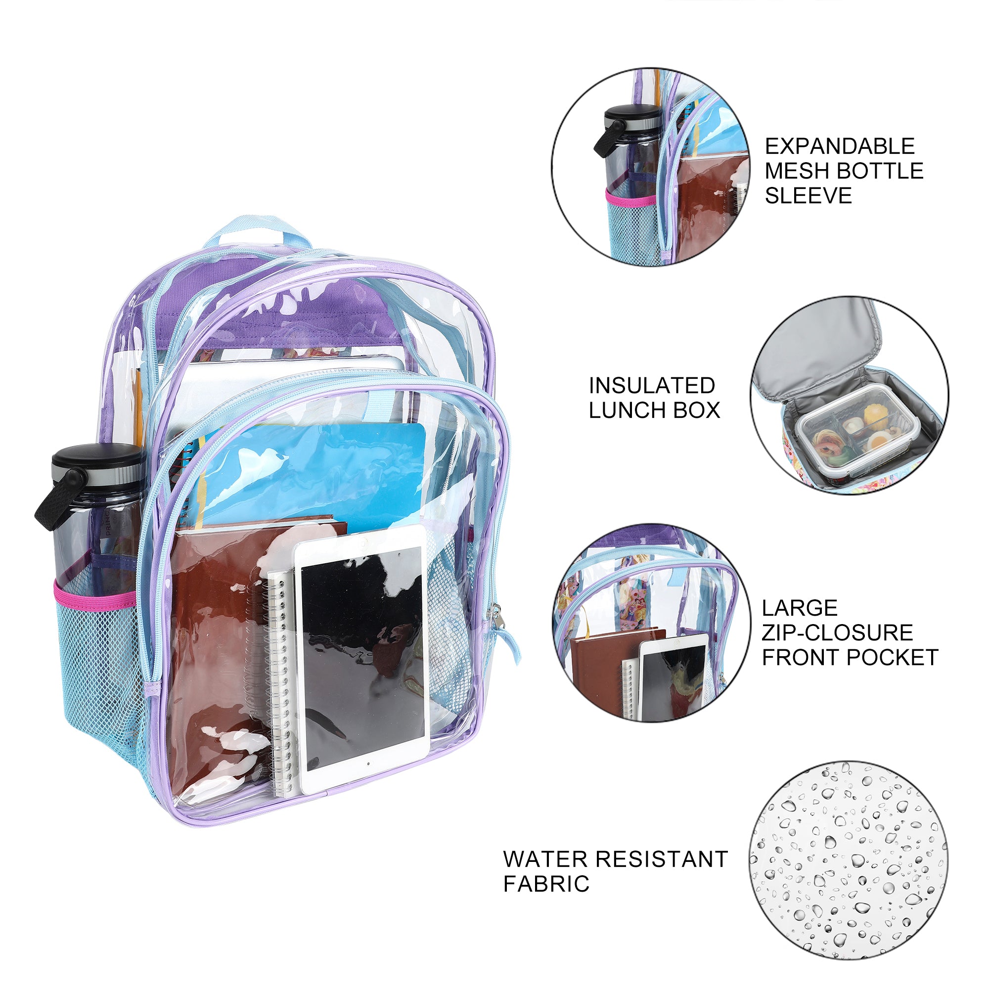 Disney Princesses 2-Piece 16" Kids Clear Backpack & Lunch Box Set For School And Travel