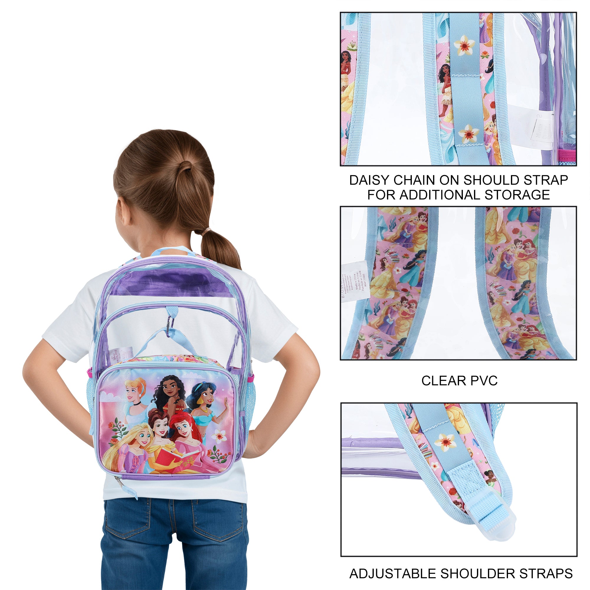 Disney Princesses 2-Piece 16" Kids Clear Backpack & Lunch Box Set For School And Travel