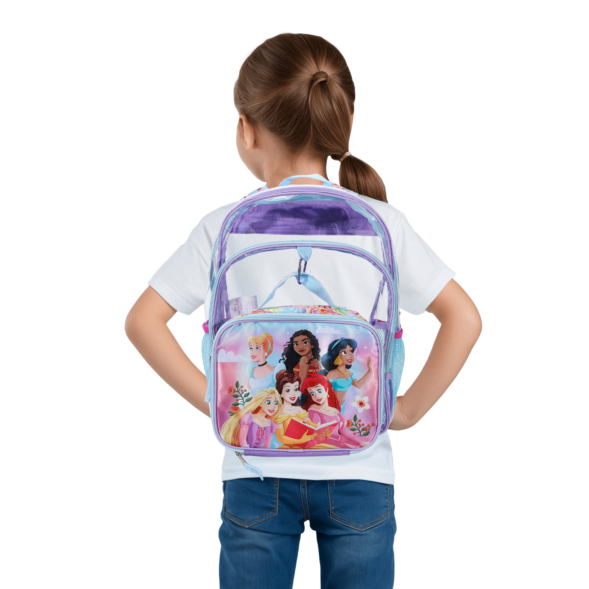 Disney Princesses 2-Piece 16" Kids Clear Backpack & Lunch Box Set For School And Travel