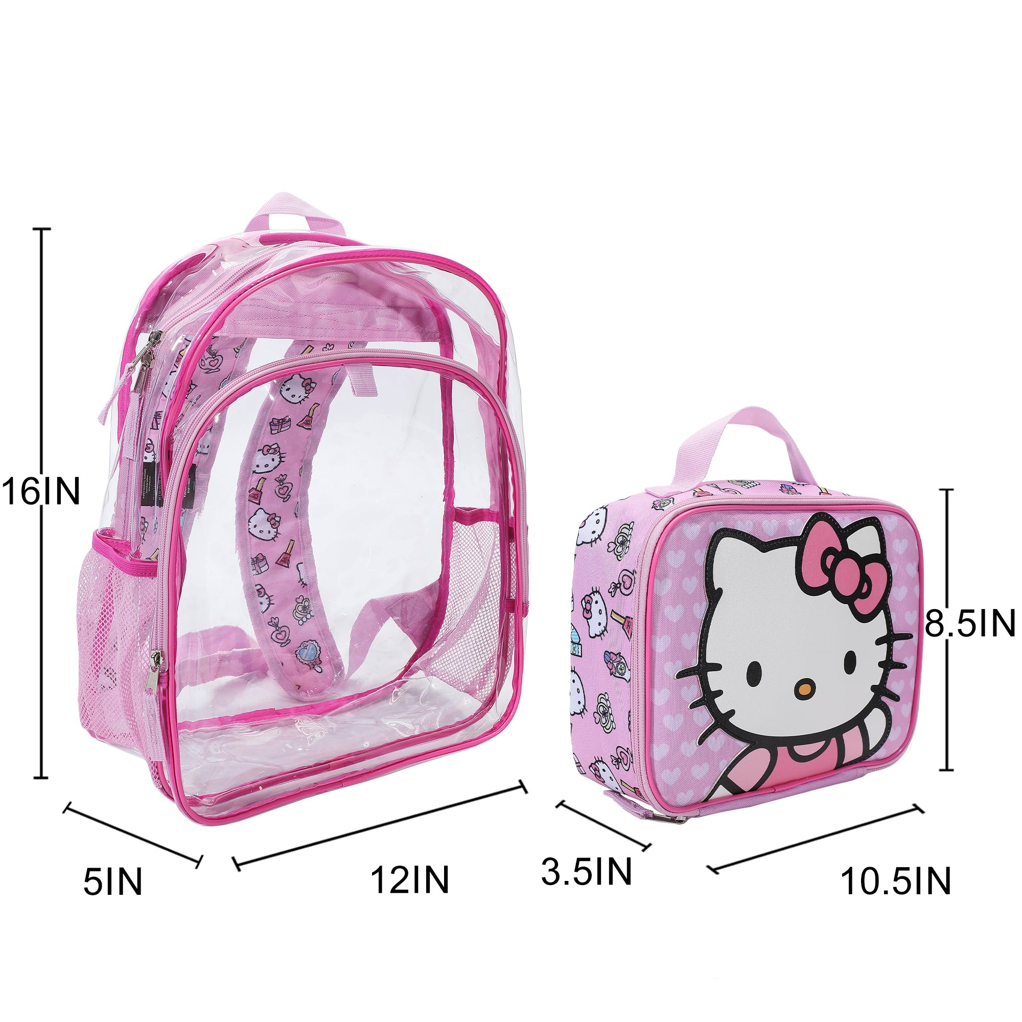 Hello Kitty 2-Piece 16" Kids Clear Backpack & Lunch Box Set For School And Travel