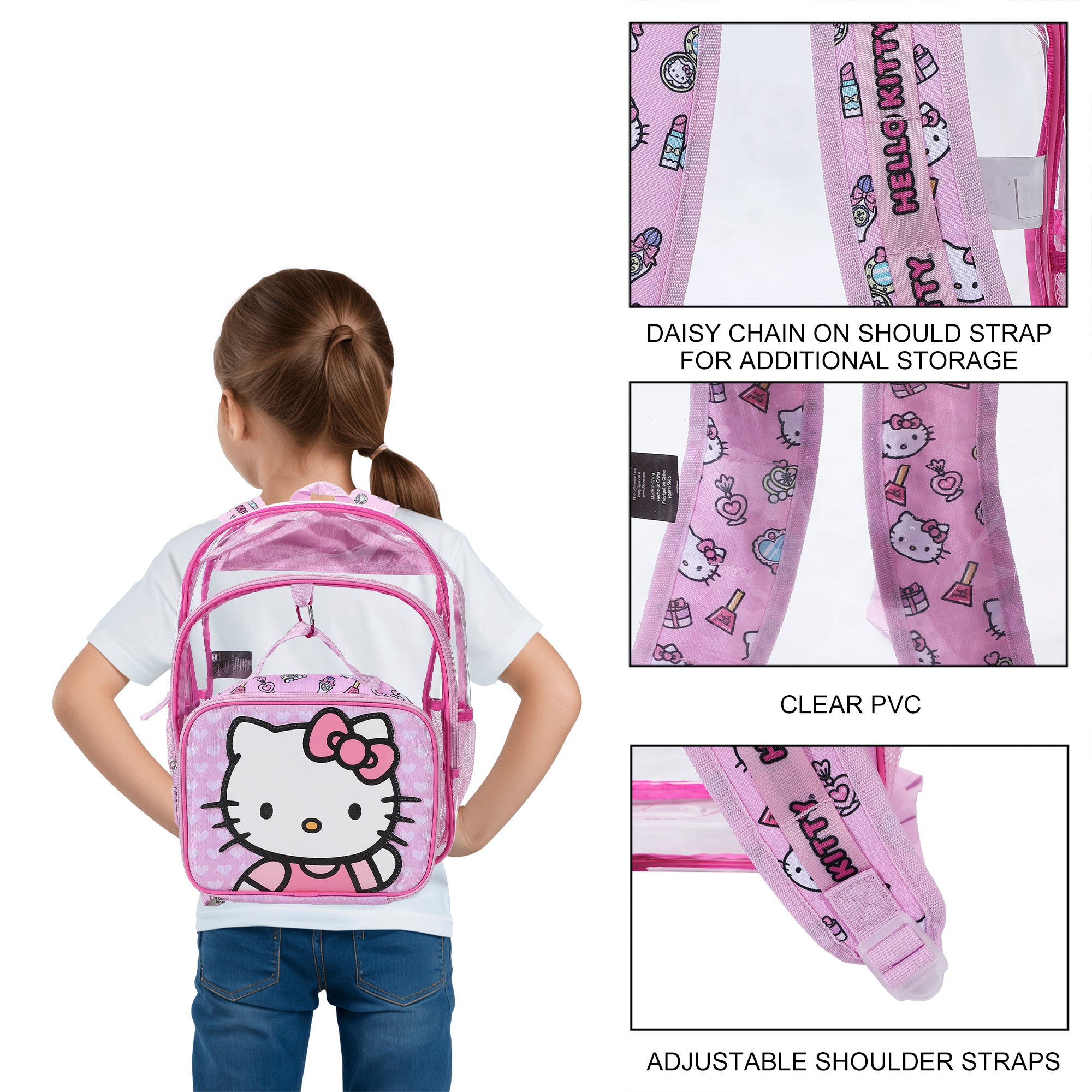 Hello Kitty 2-Piece 16" Kids Clear Backpack & Lunch Box Set For School And Travel