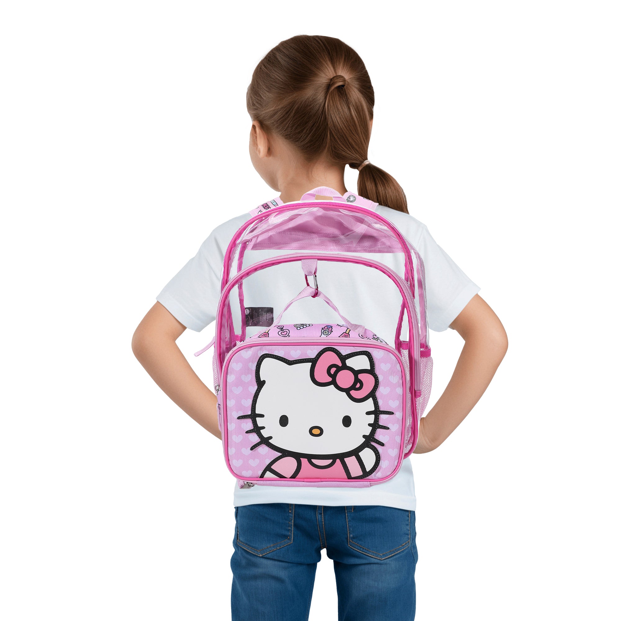 Hello Kitty 2-Piece 16" Kids Clear Backpack & Lunch Box Set For School And Travel