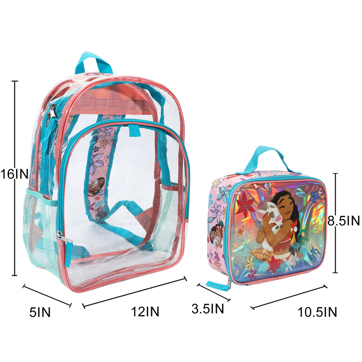 Disney Moana and Pua 2-Piece 16" Kids Clear Backpack & Lunch Box Set For School And Travel