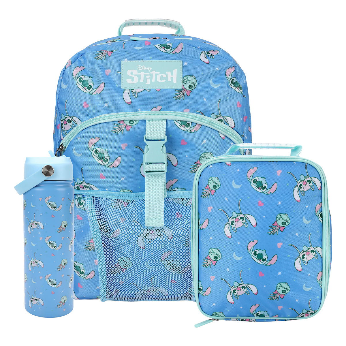 Lilo & Stitch All-Over Stitch & Doll Print Blue 16” Backpack With Lunchbox Set and Stainless Steel Water Bottle