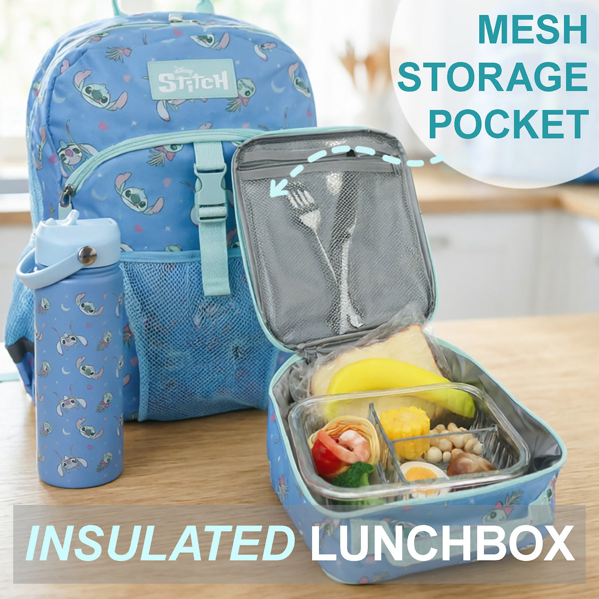 Lilo & Stitch All-Over Stitch & Doll Print Blue 16” Backpack With Lunchbox Set and Stainless Steel Water Bottle