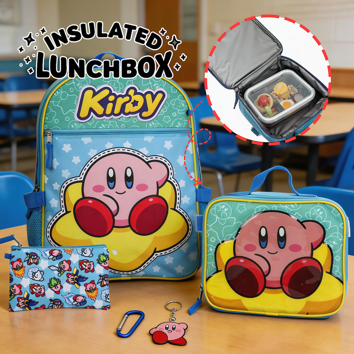 Kirby 5-Piece Set: 16 Backpack Lunchbox Utility Case Rubber Keychain and Carabiner