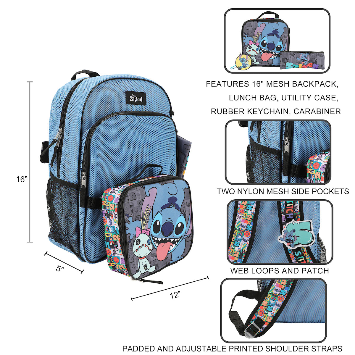 Disney's Stitch 5-Piece Mesh Backpack & Lunchbox Set