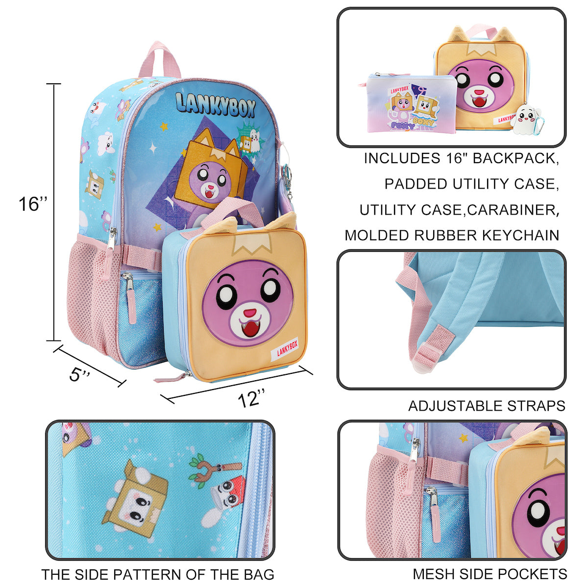 LankyBox 5-Piece 16" Backpack & Lunchbox Set For School & Travel