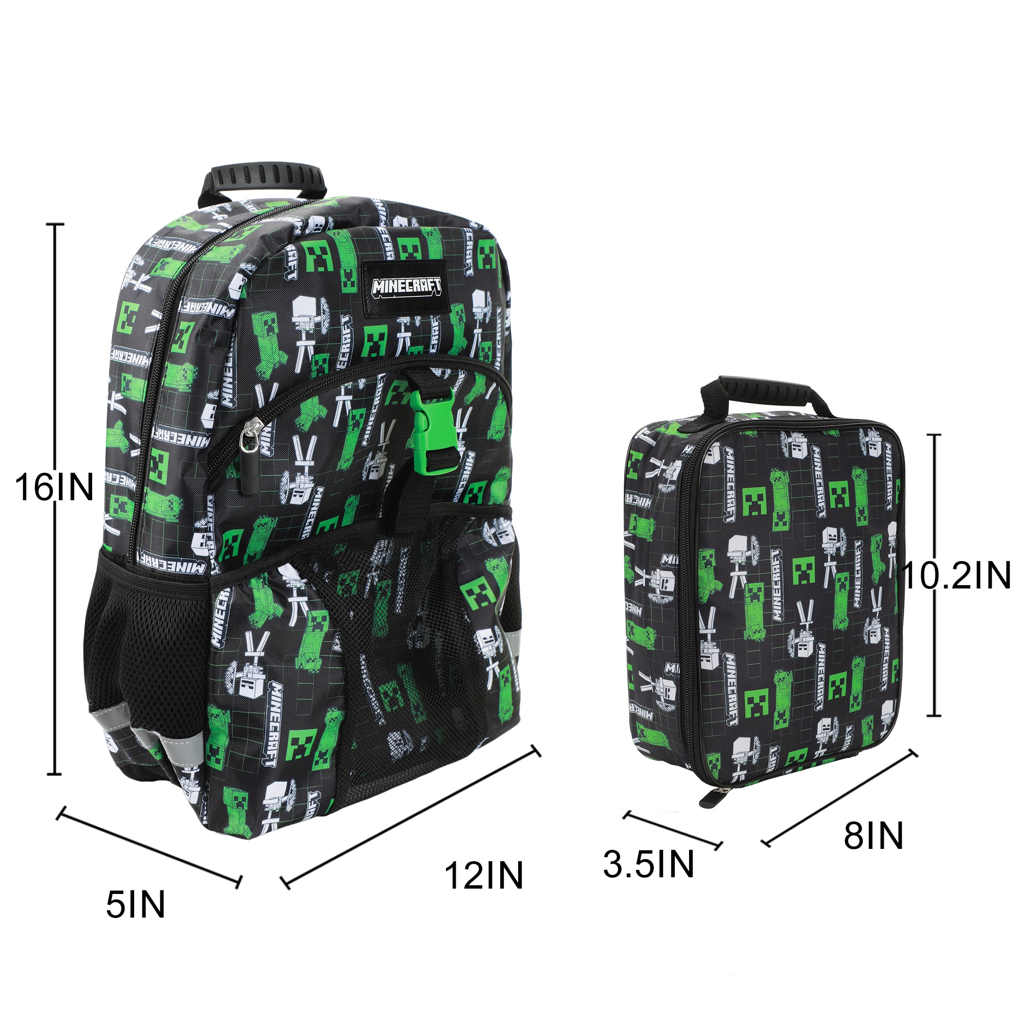 Minecraft Creepers 2-Piece 16" Premium Backpack & Lunch Kit Set For School And Travel