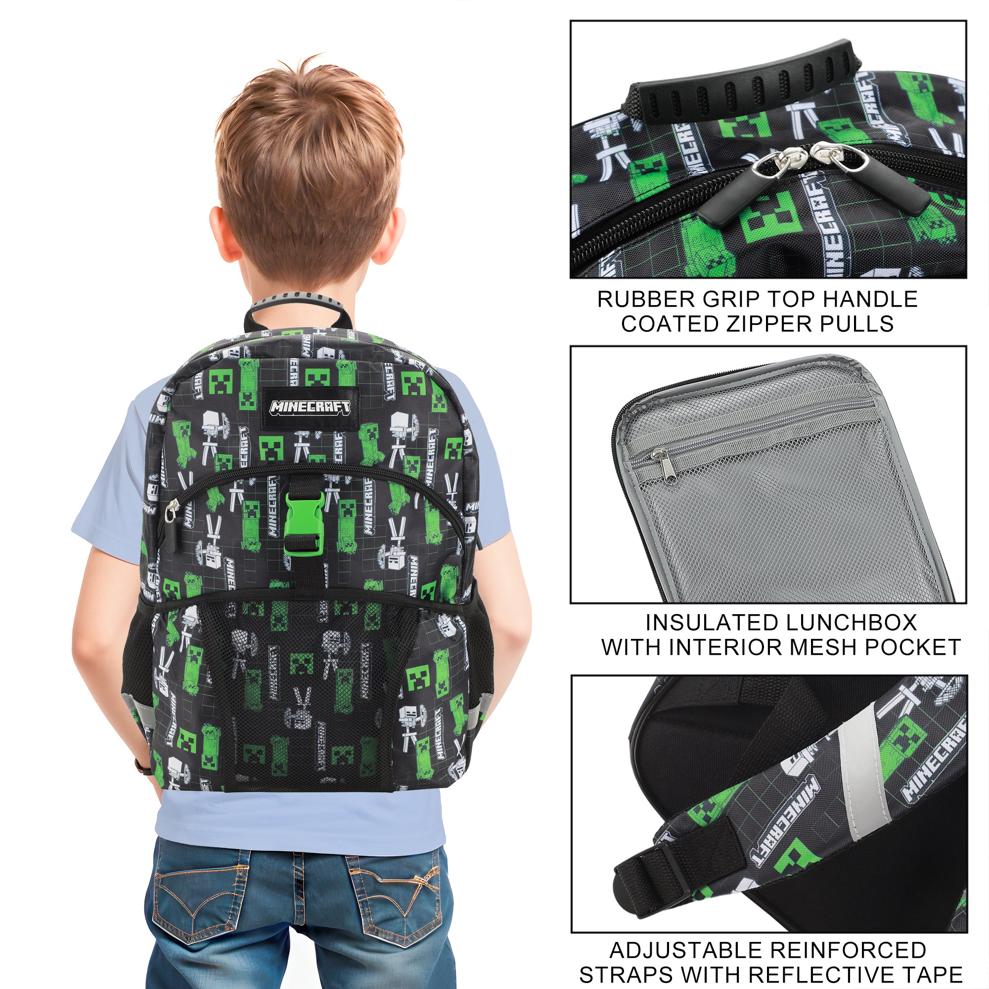 Minecraft Creepers 2-Piece 16" Premium Backpack & Lunch Kit Set For School And Travel