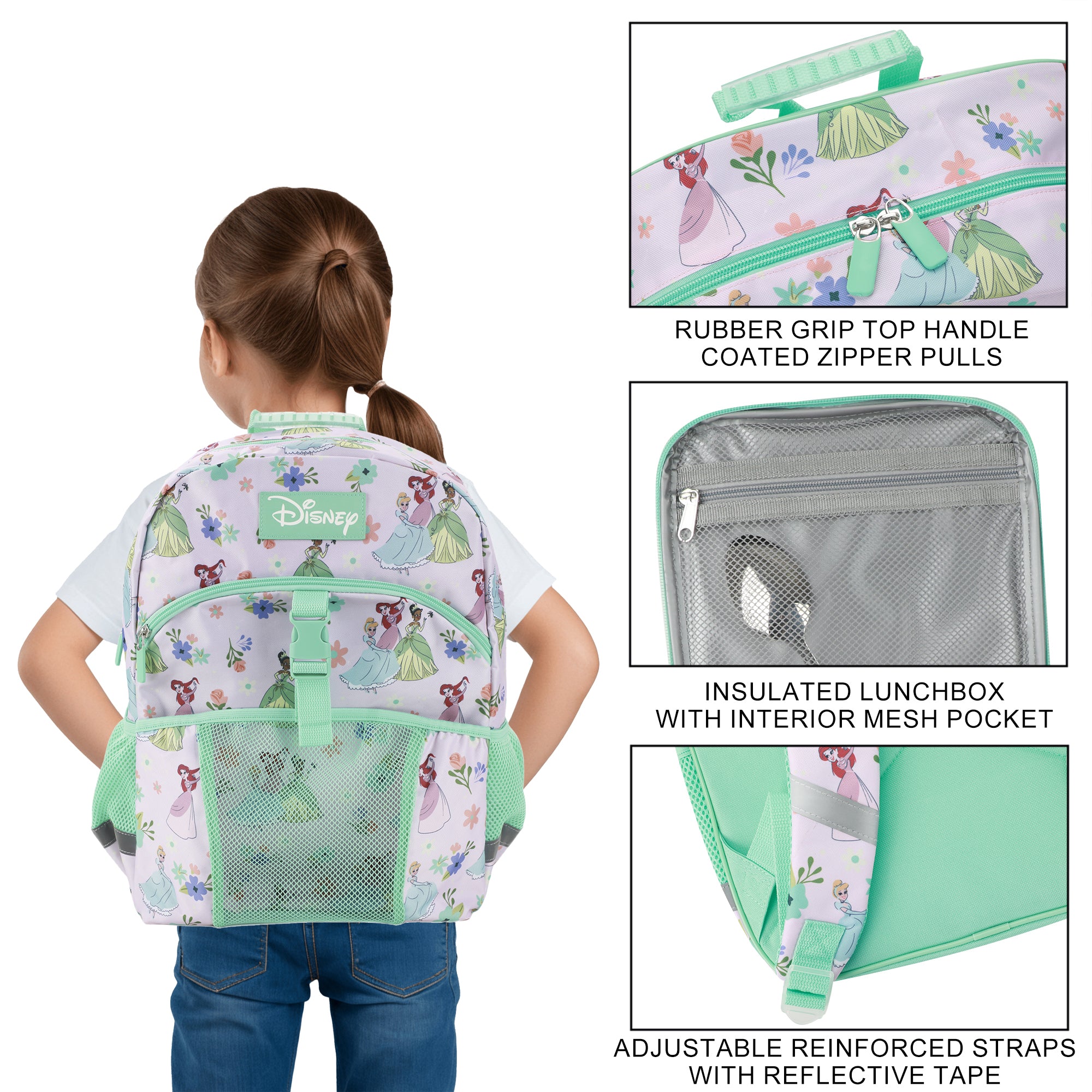 Disney Princesses 2-Piece 16" Premium Backpack & Lunch Kit Set For School And Travel