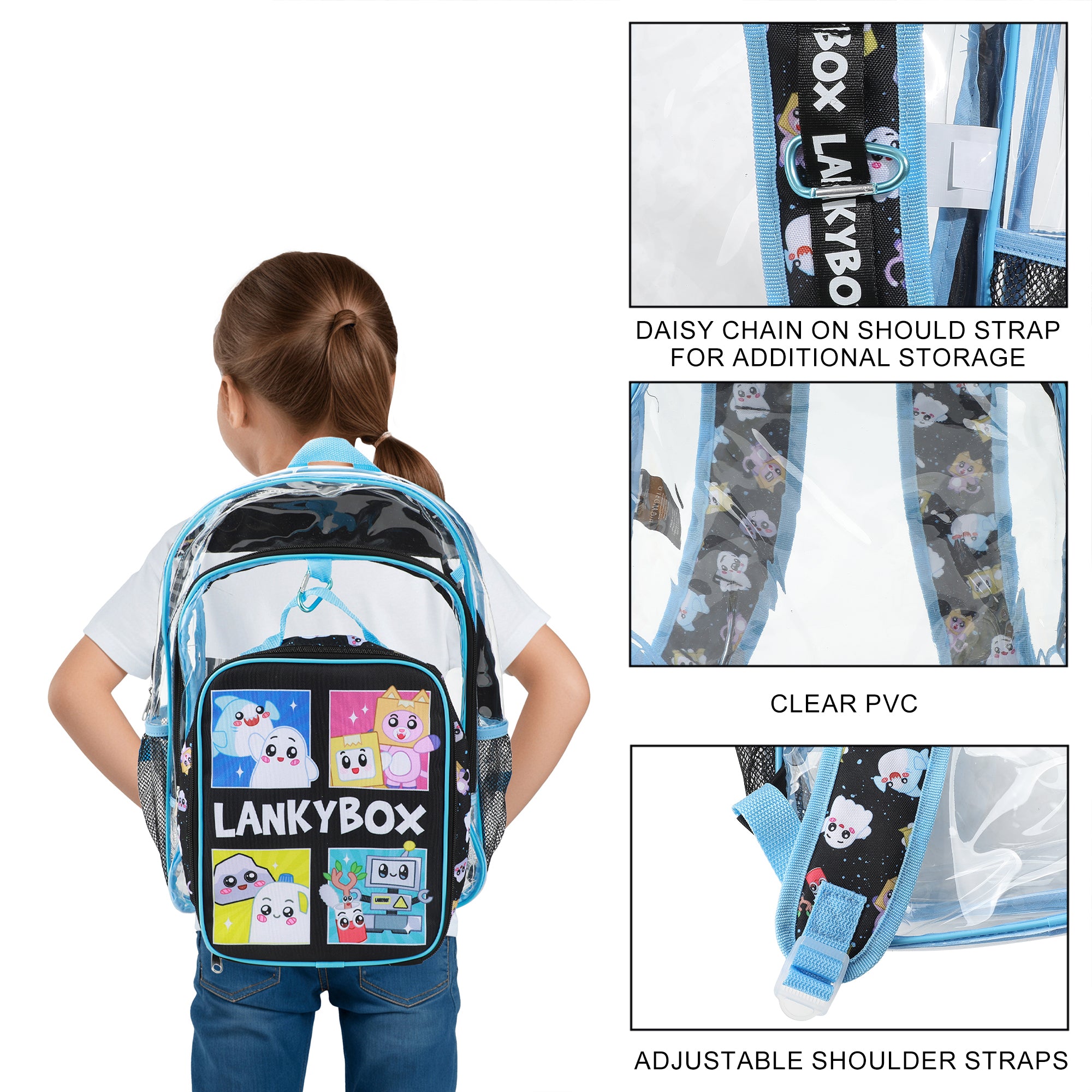 Lanky Box Character Grid 16" Clear Backpack & Lunch Kit Value Set for Boys