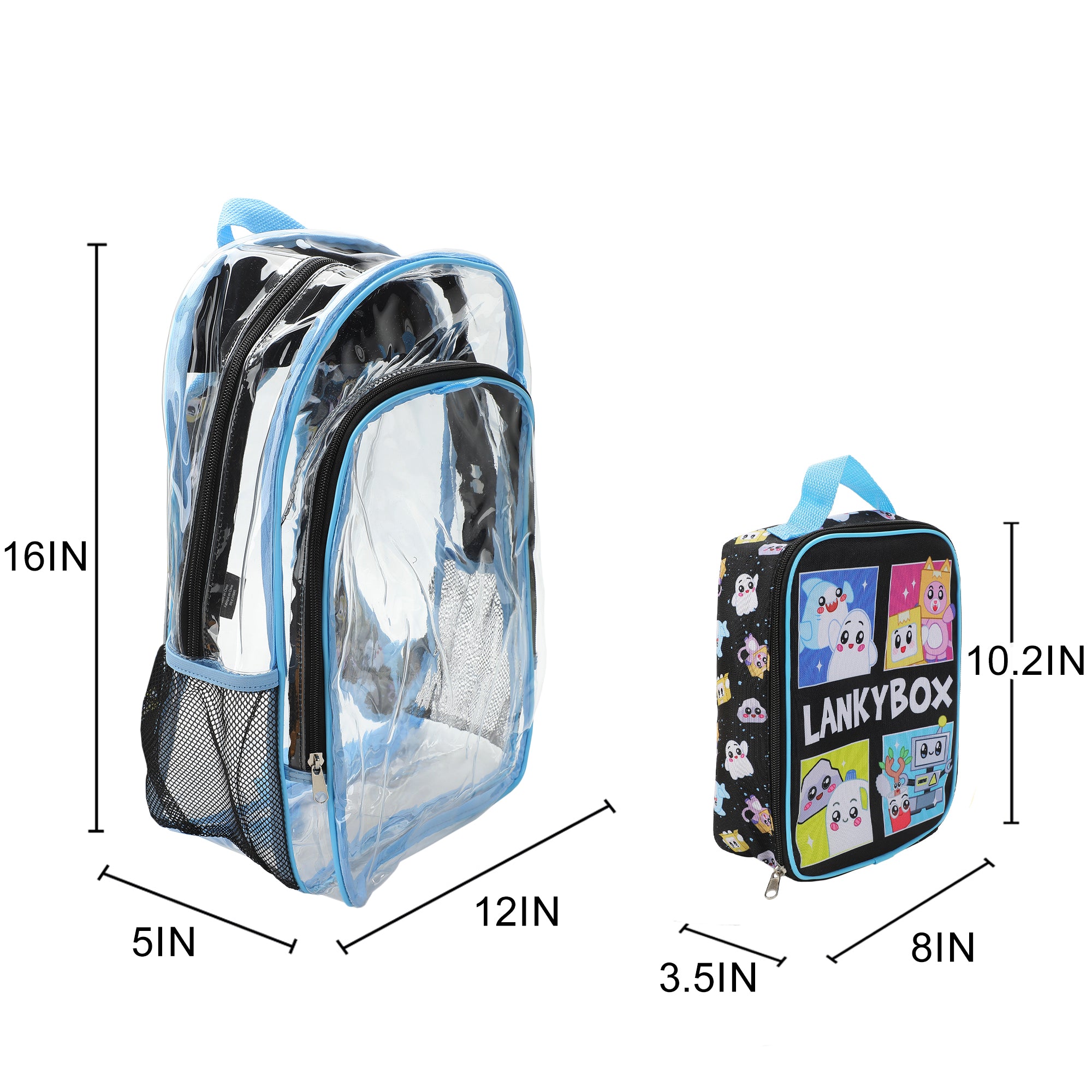 Lanky Box Character Grid 16" Clear Backpack & Lunch Kit Value Set for Boys