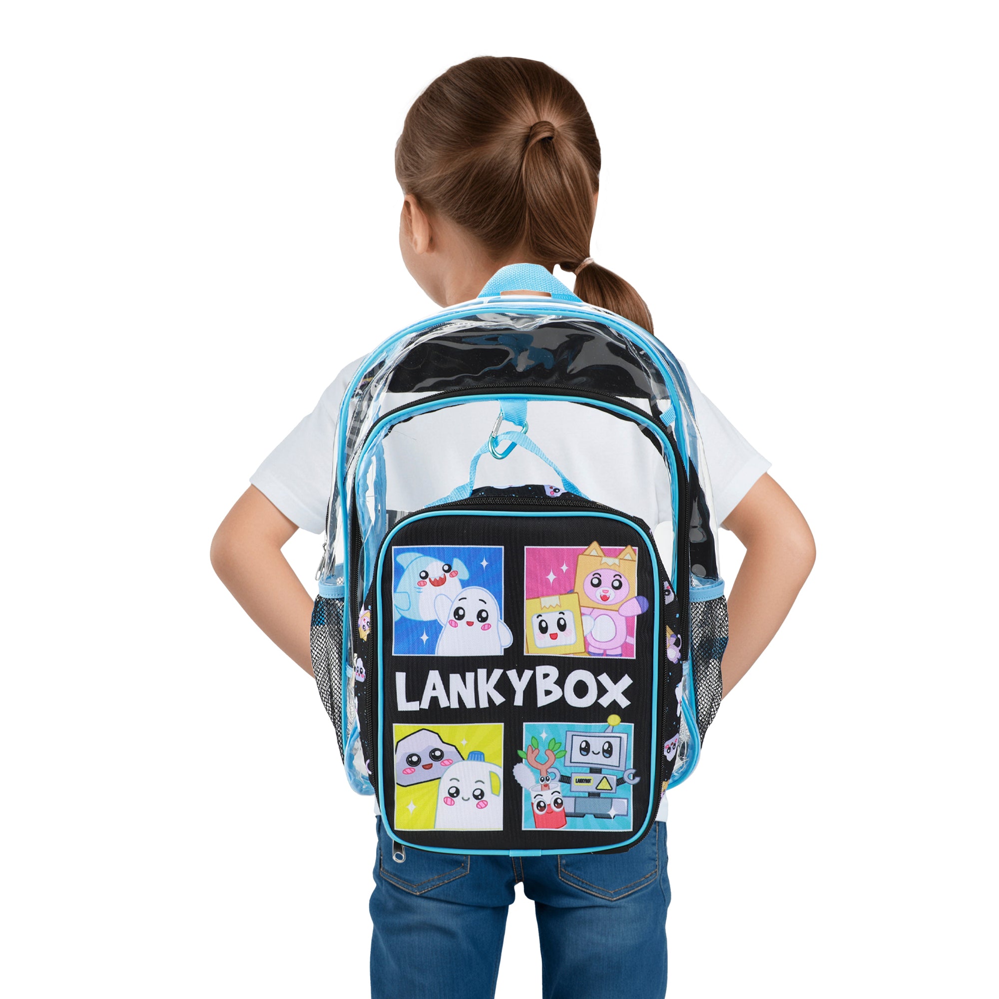 Lanky Box Character Grid 16" Clear Backpack & Lunch Kit Value Set for Boys