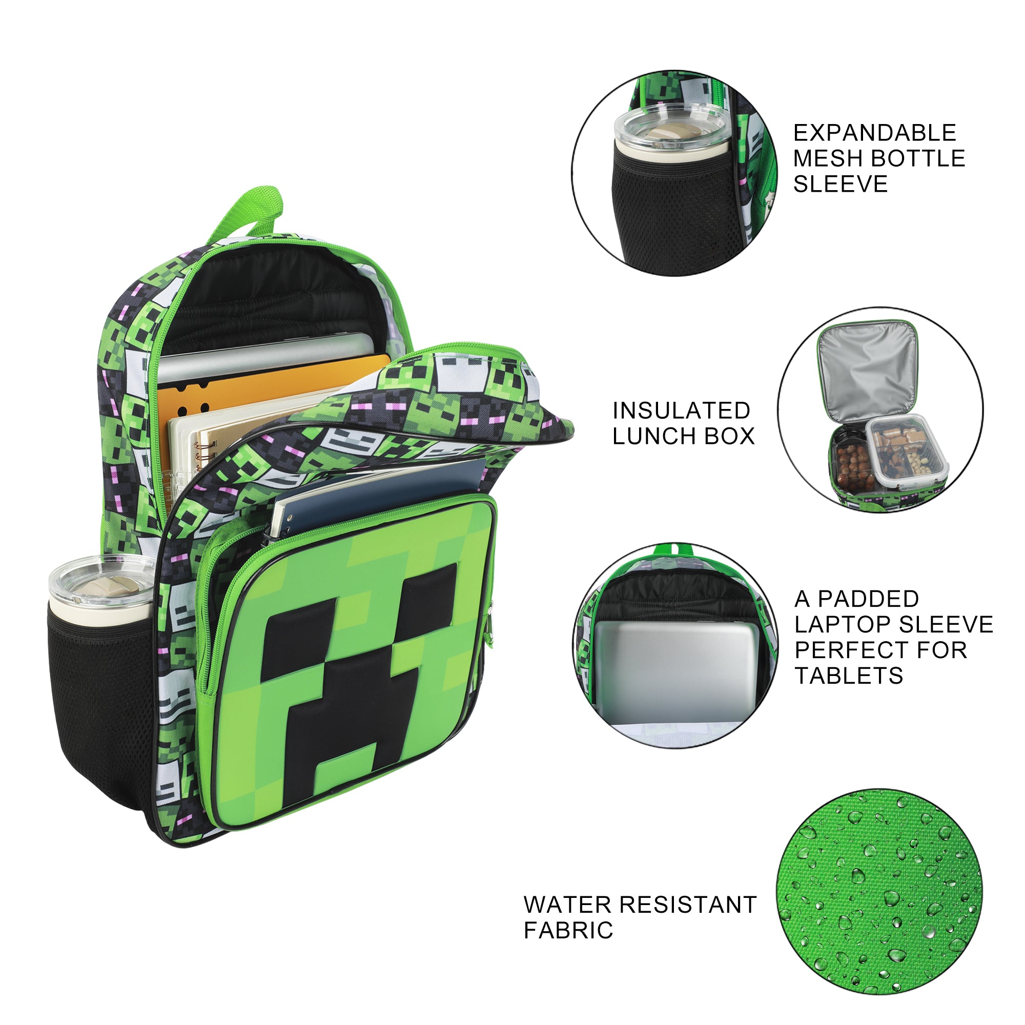 Minecraft Creepers 2-Piece 16"Premium Backpack & Lunch Box Set For School And Travel